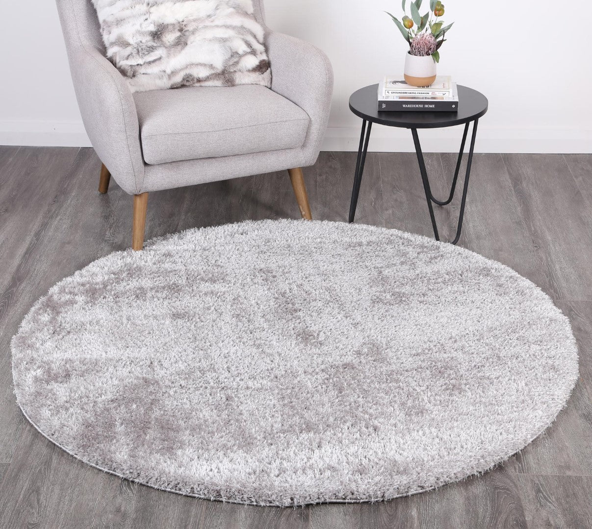 Puffy Soft Shag Round Rug grey