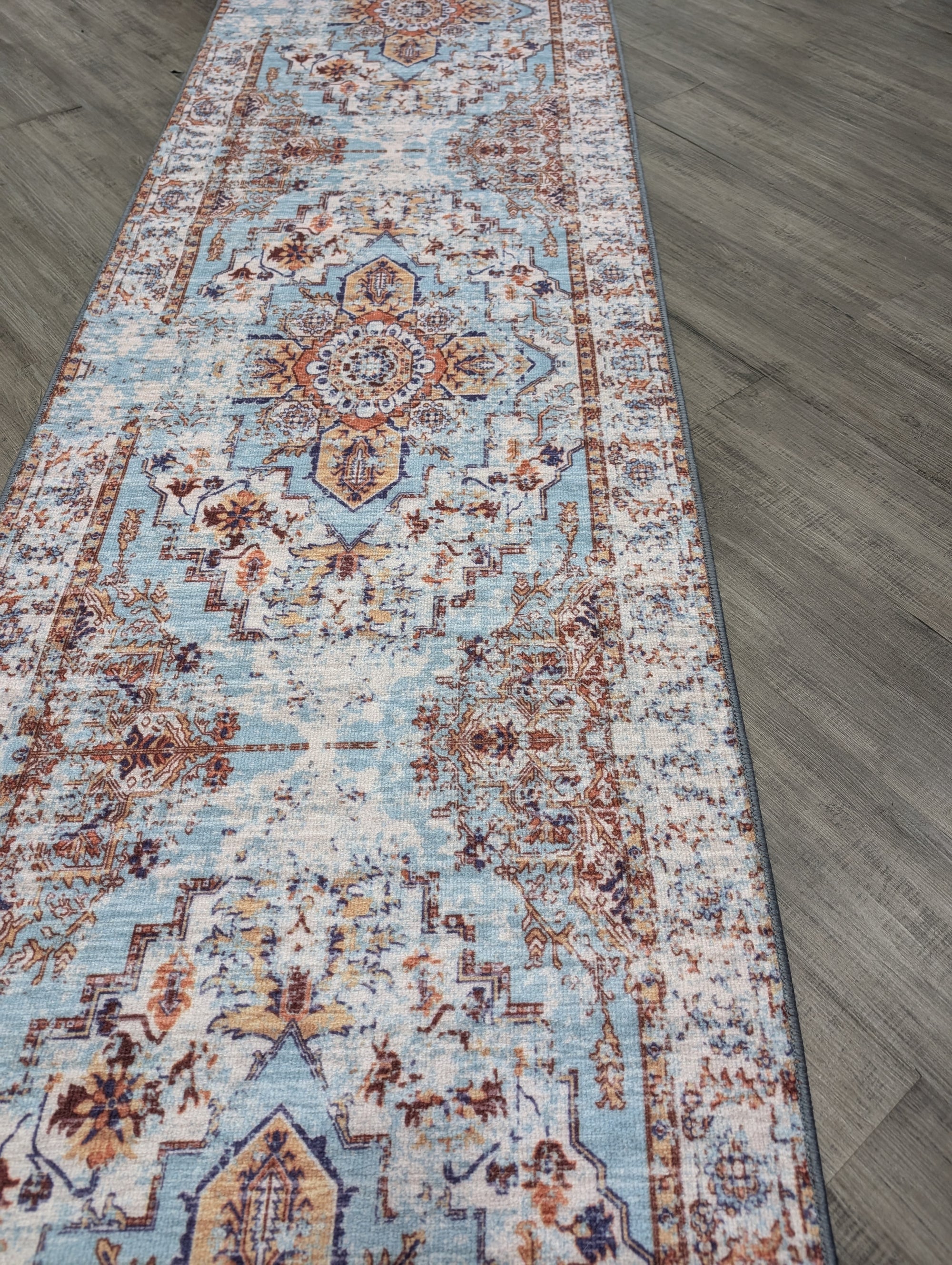 Gabe medallion blue multi transitional hallway runner 67cm Wide