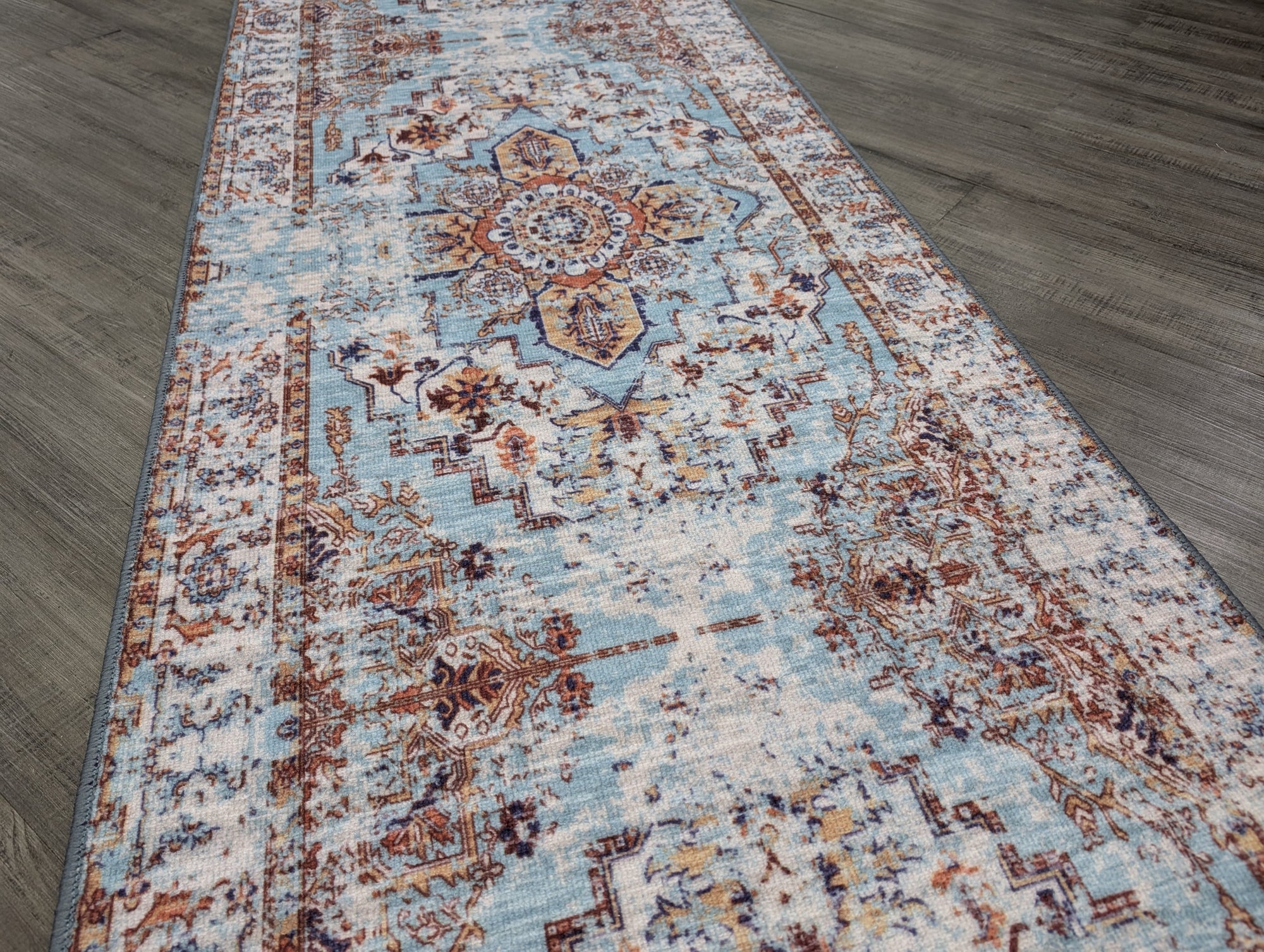 Gabe medallion blue multi transitional hallway runner 67cm Wide