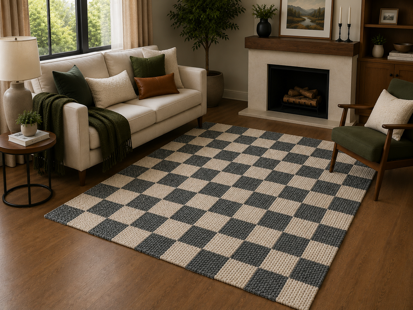 Hudson Green & Ivory Checker Wool Blend Rug