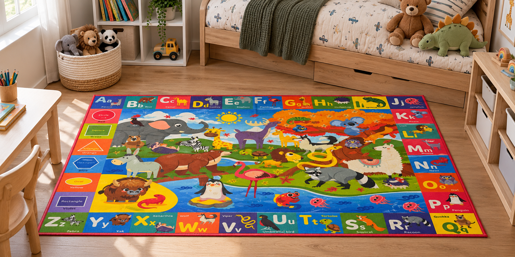 Kids Alphabet Animal Safari Educational Rug 200x100cm