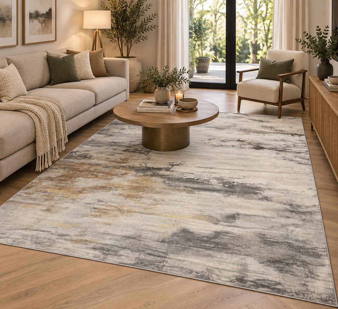 Vela Sandstone Abstract Machine Washable Rug