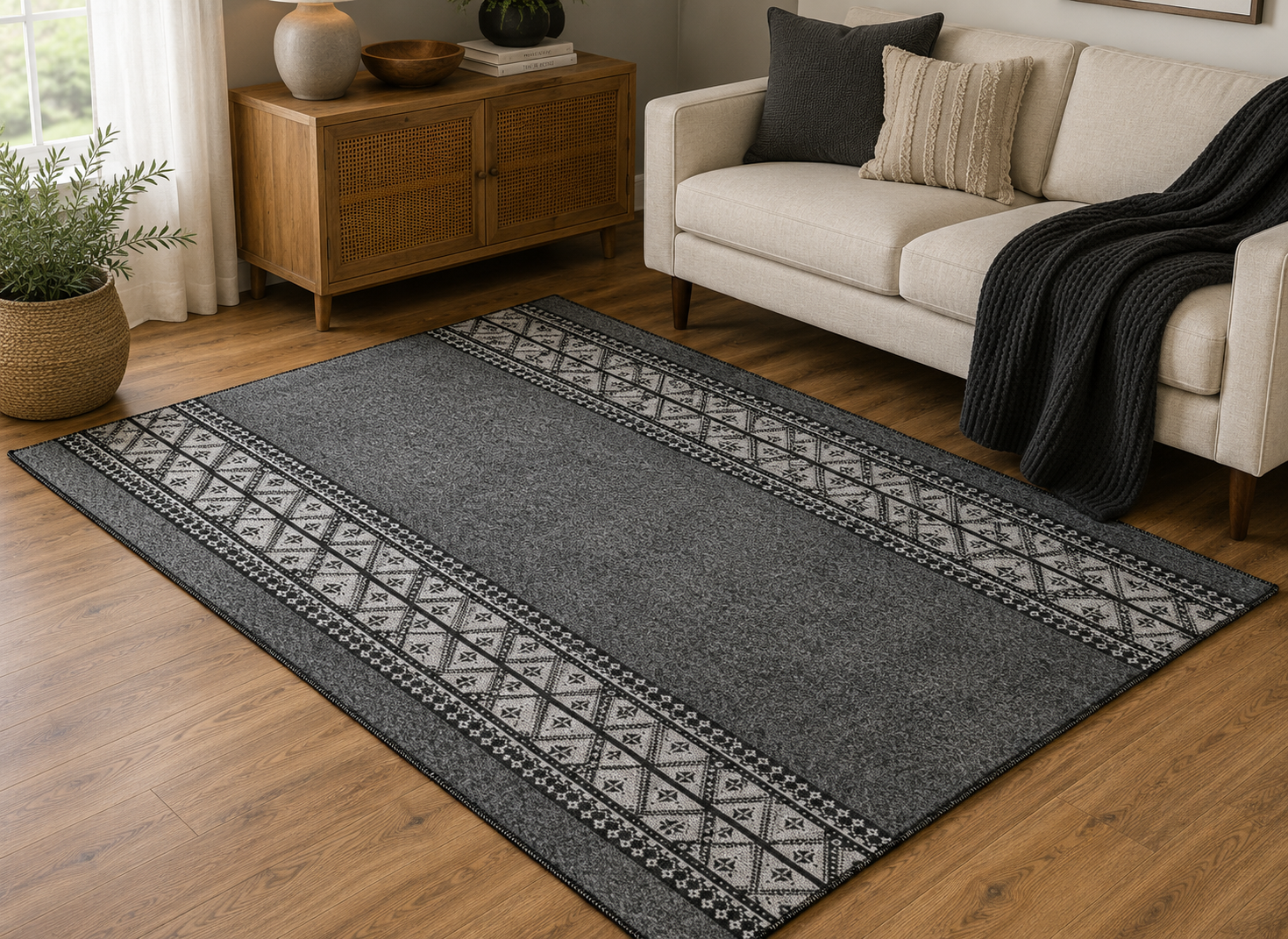 Cozy Machine Washable Charcoal Tribal Border Rug 160×230cm