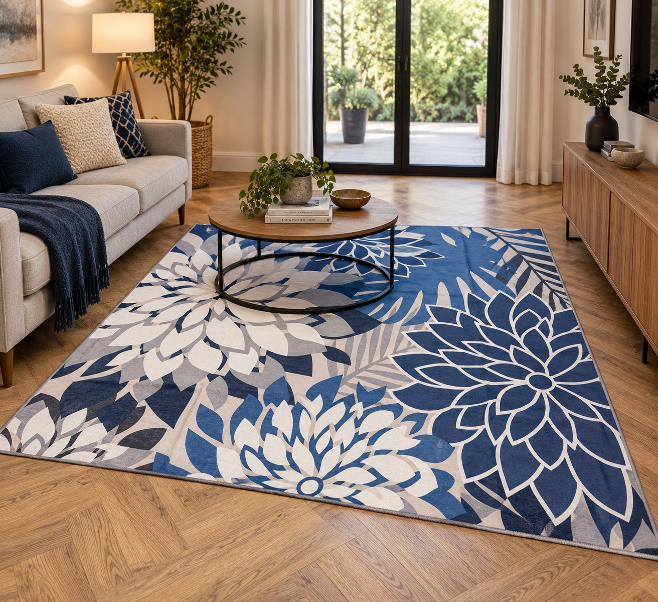 Vela Blue Floral Machine Washable Rug