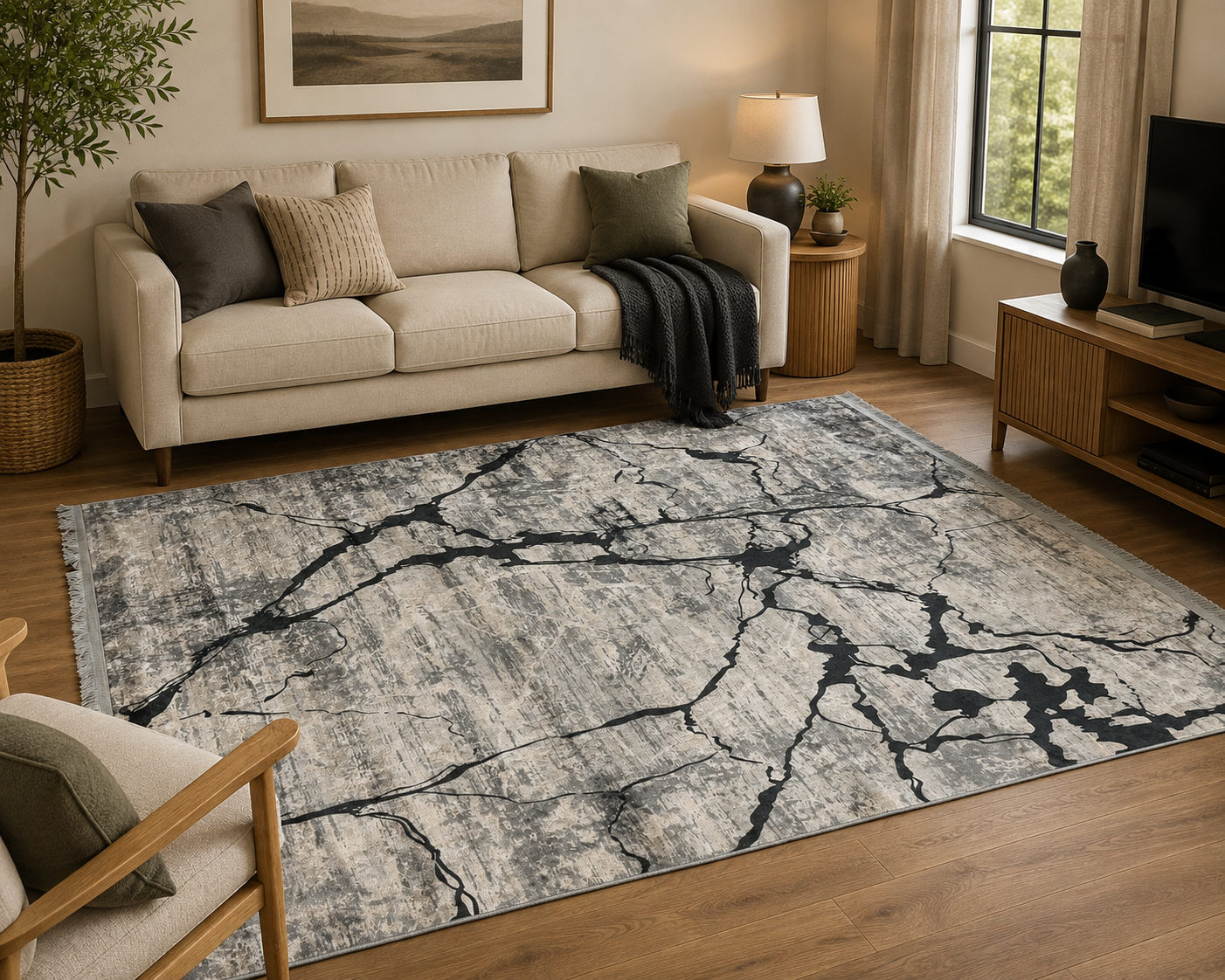 Marbella Marble Abstract Rug – Silver & Charcoal
