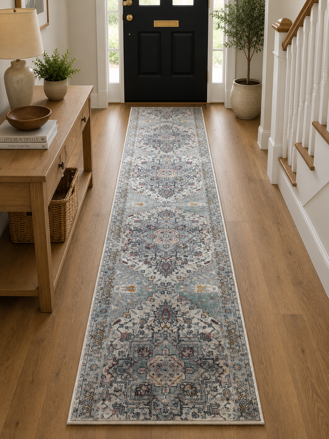 Hive Stone Blue Medallion Transitional Hallway Runner In 80 CM Wide