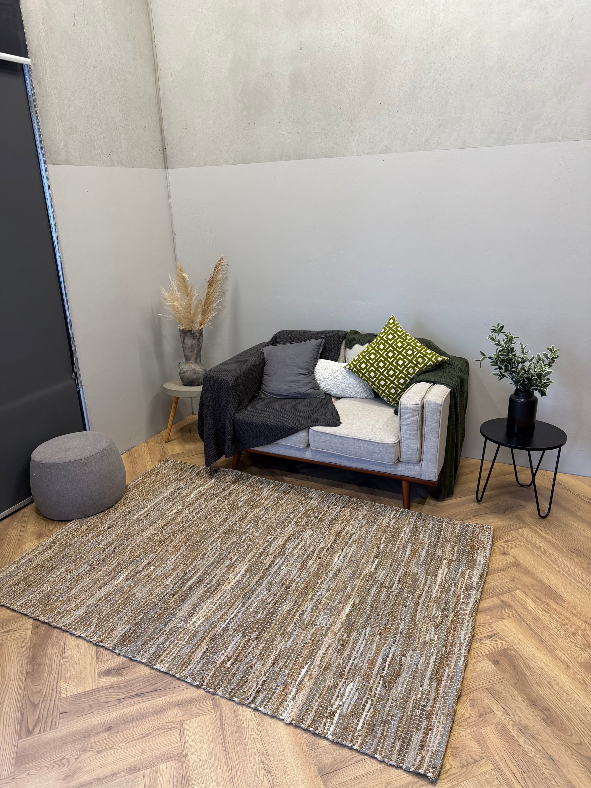 Flat Weave Leather & Jute Natural Rug