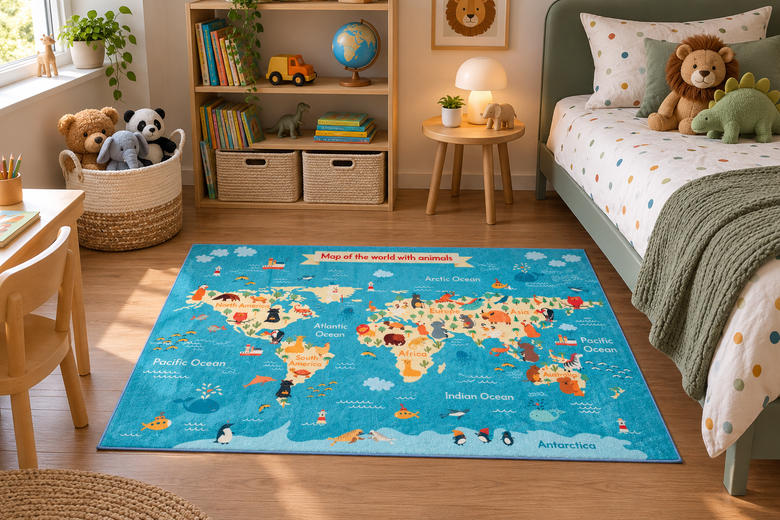 Kids Animal World Map Educational Rug 100x150cm