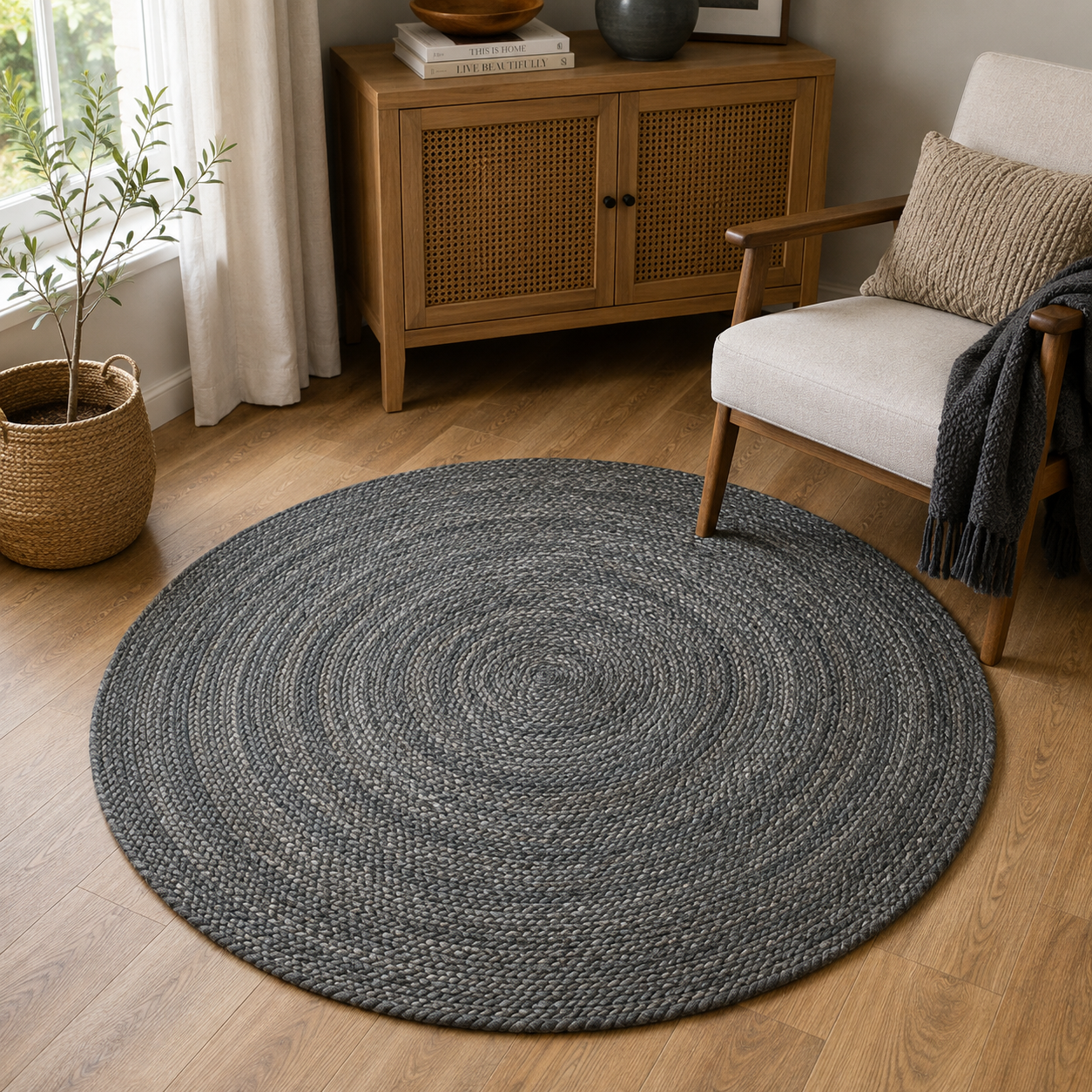 Handwoven Charcoal Round Jute Rug