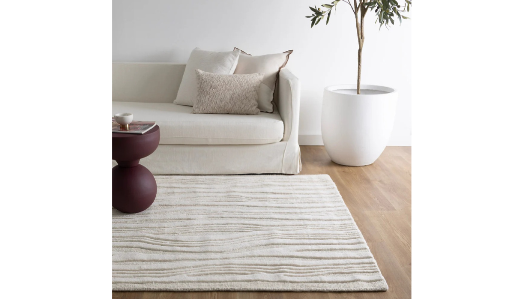 Isla Ivory Beige Wave Lines Wool Rug