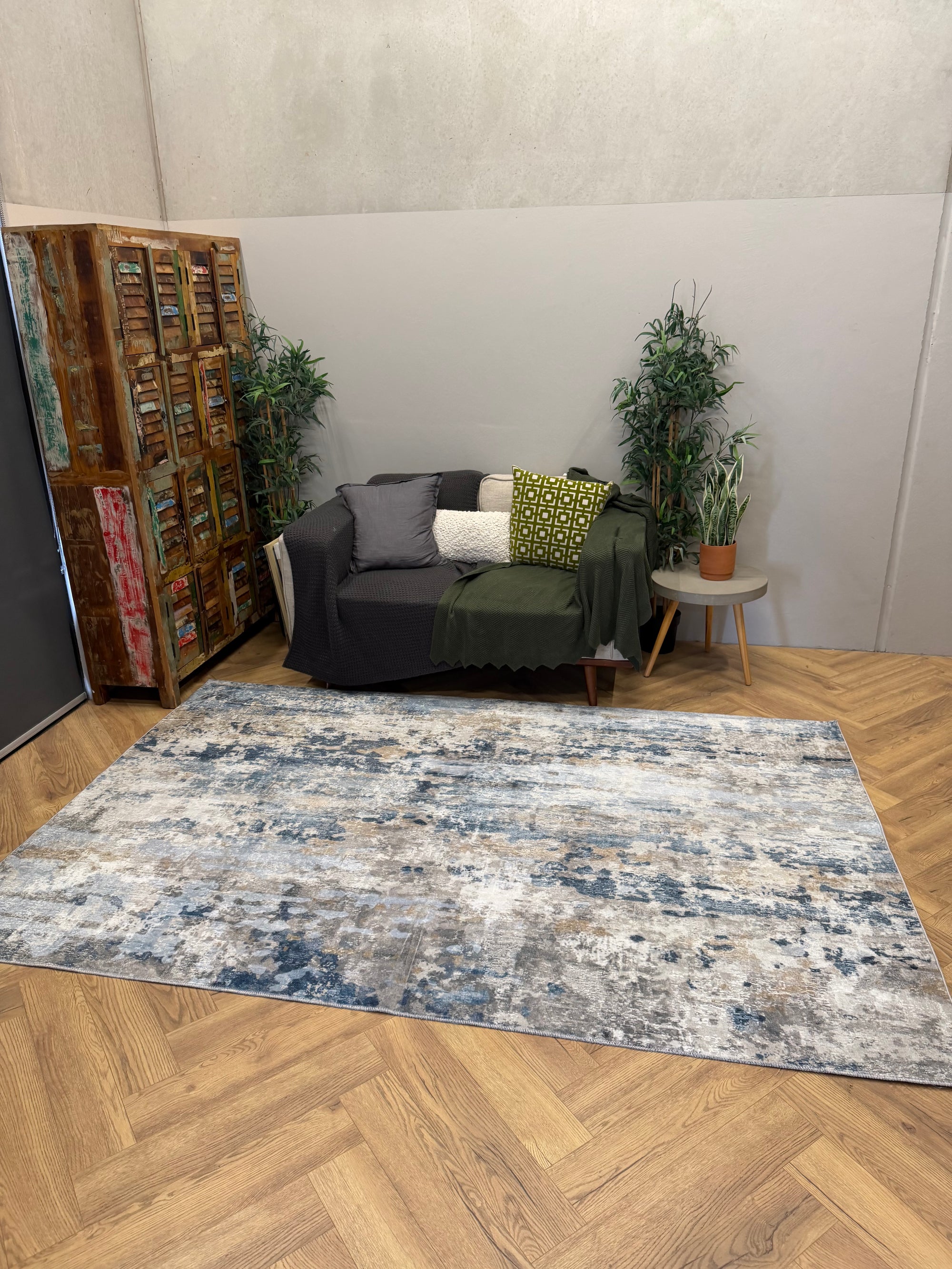 Spring Machine Washable Blue Beige Abstract Rug 180x270cm