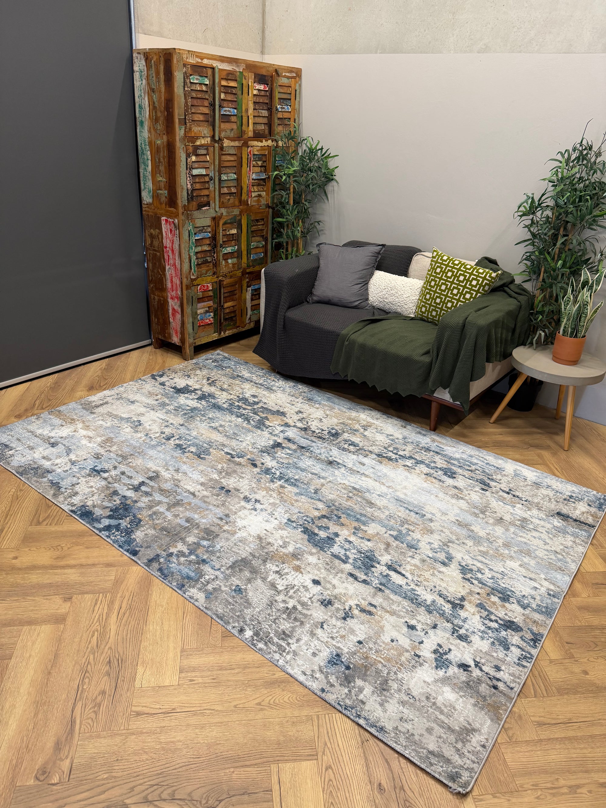 Spring Machine Washable Blue Beige Abstract Rug 180x270cm
