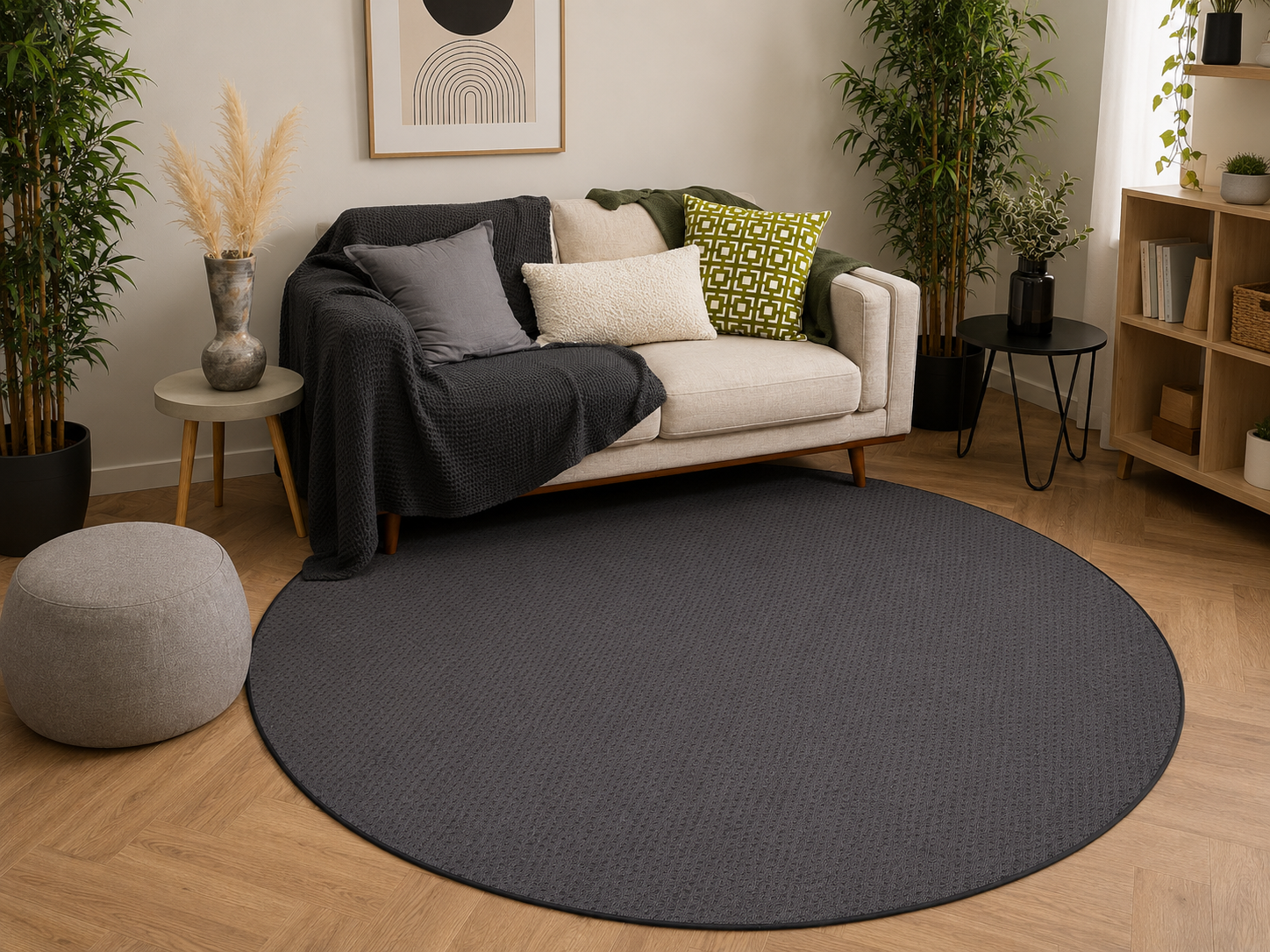 Pablo Charcoal Grey Washable Round Rug – 200cm