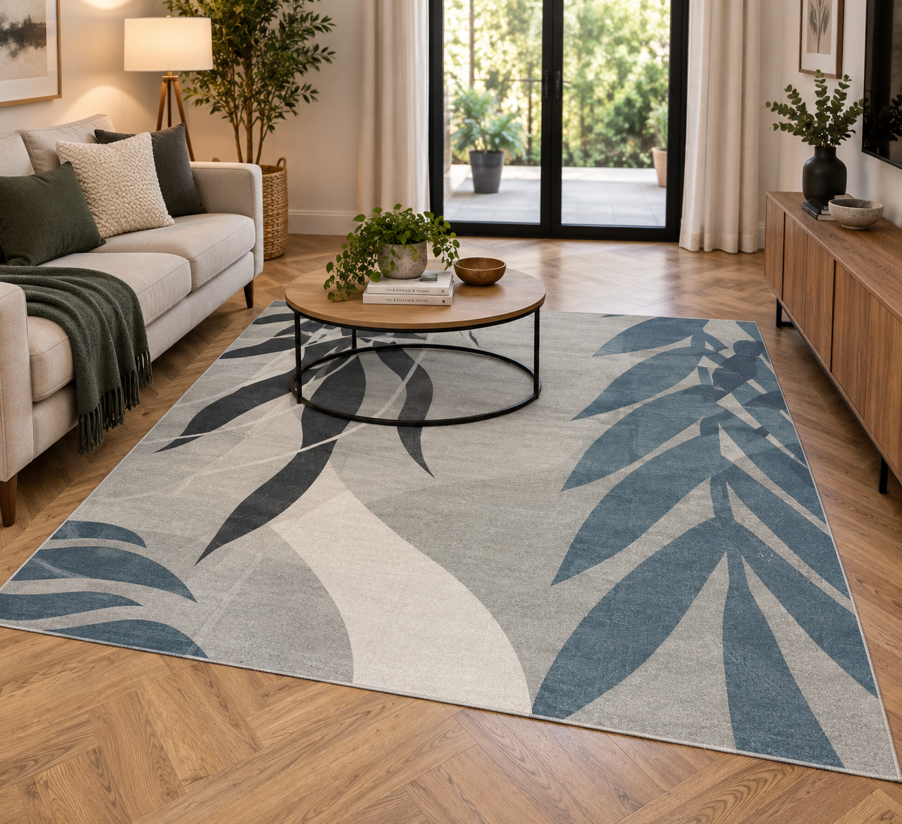 Vela Blue Leaf Machine Washable Rug