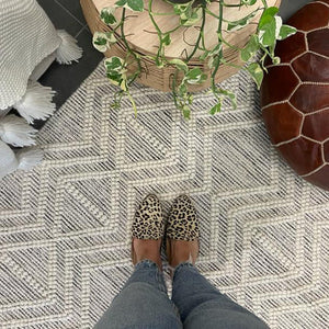Macey Ivory Black Ethnic Print Wool Rug