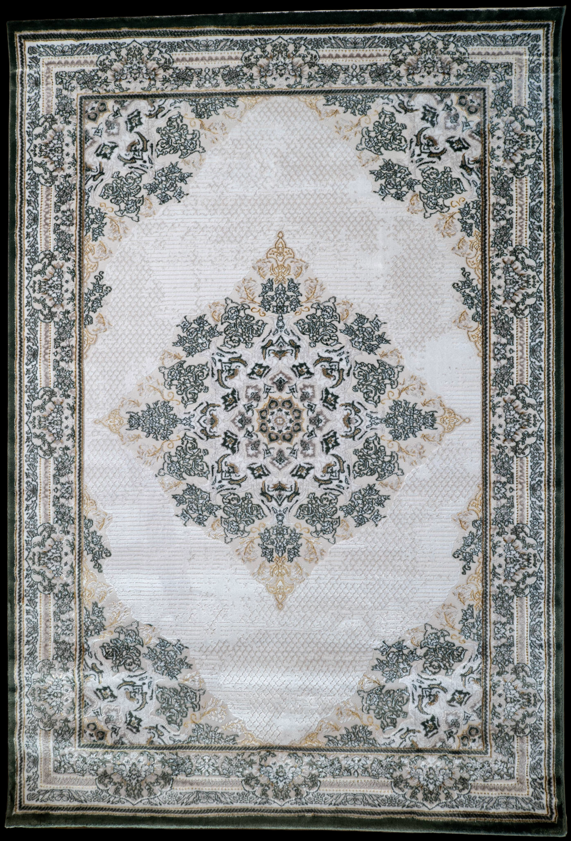 Grey Ivory Green Sharp Lazer Medallion Rug
