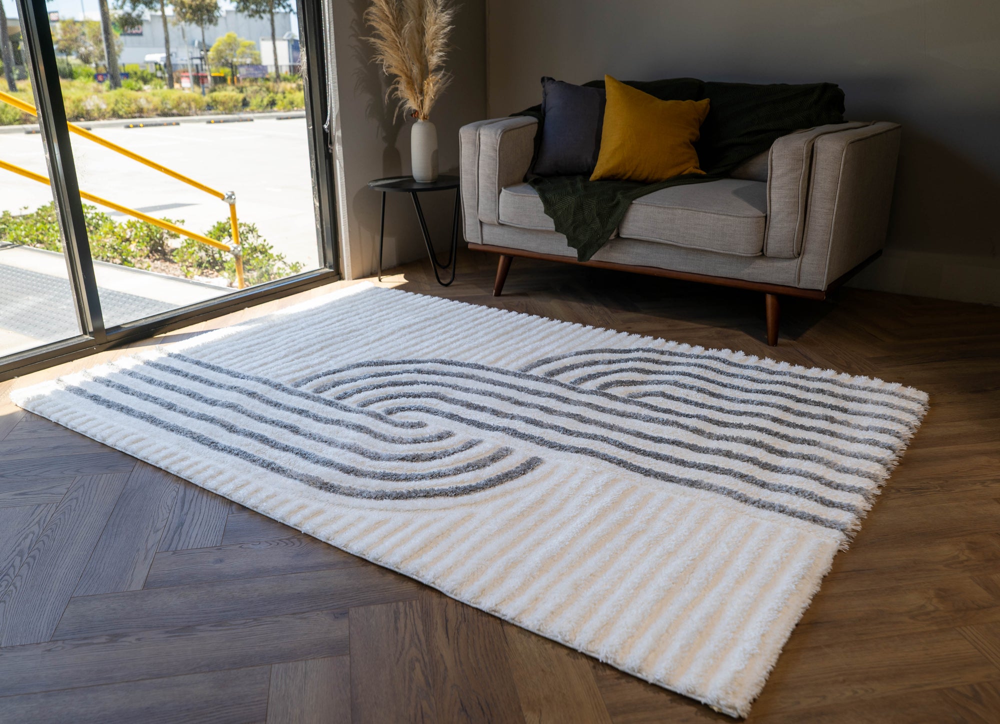 Jasmine Shaggy white grey abstract wave flokati Rug