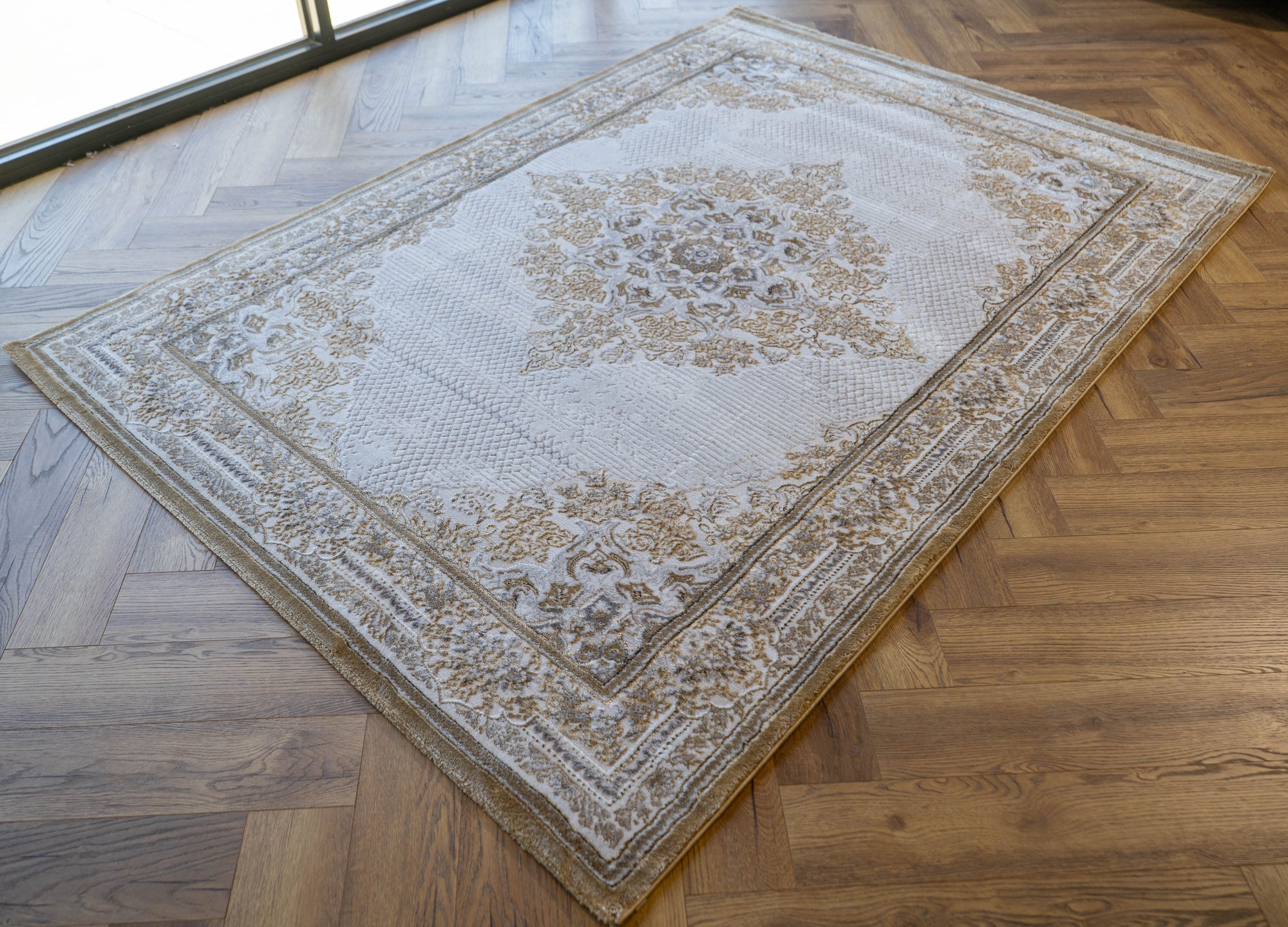 Cream gold Sharp Lazer Medallion Rug
