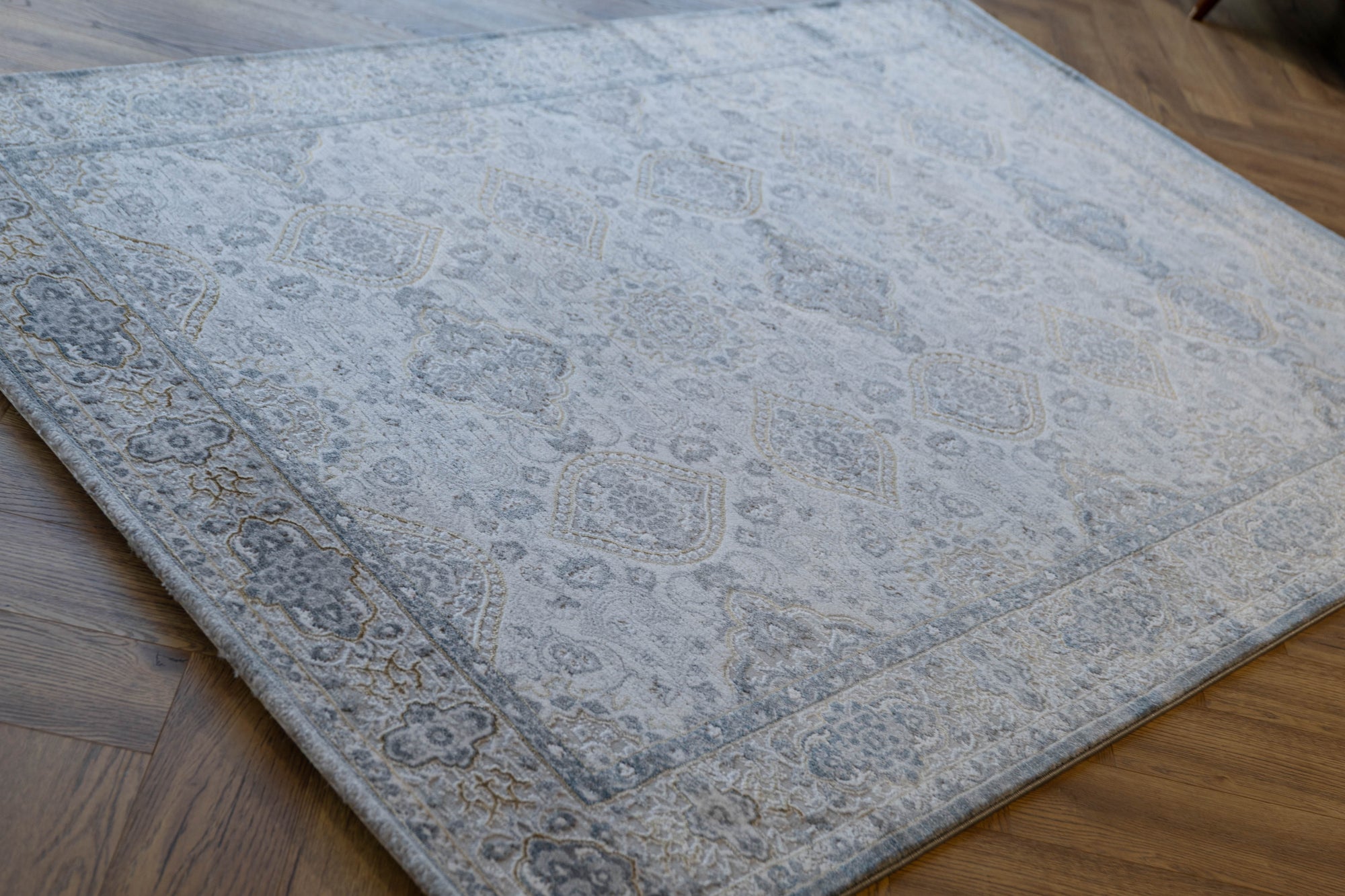 Grey Blue gold Lazer traditional pannel Rug