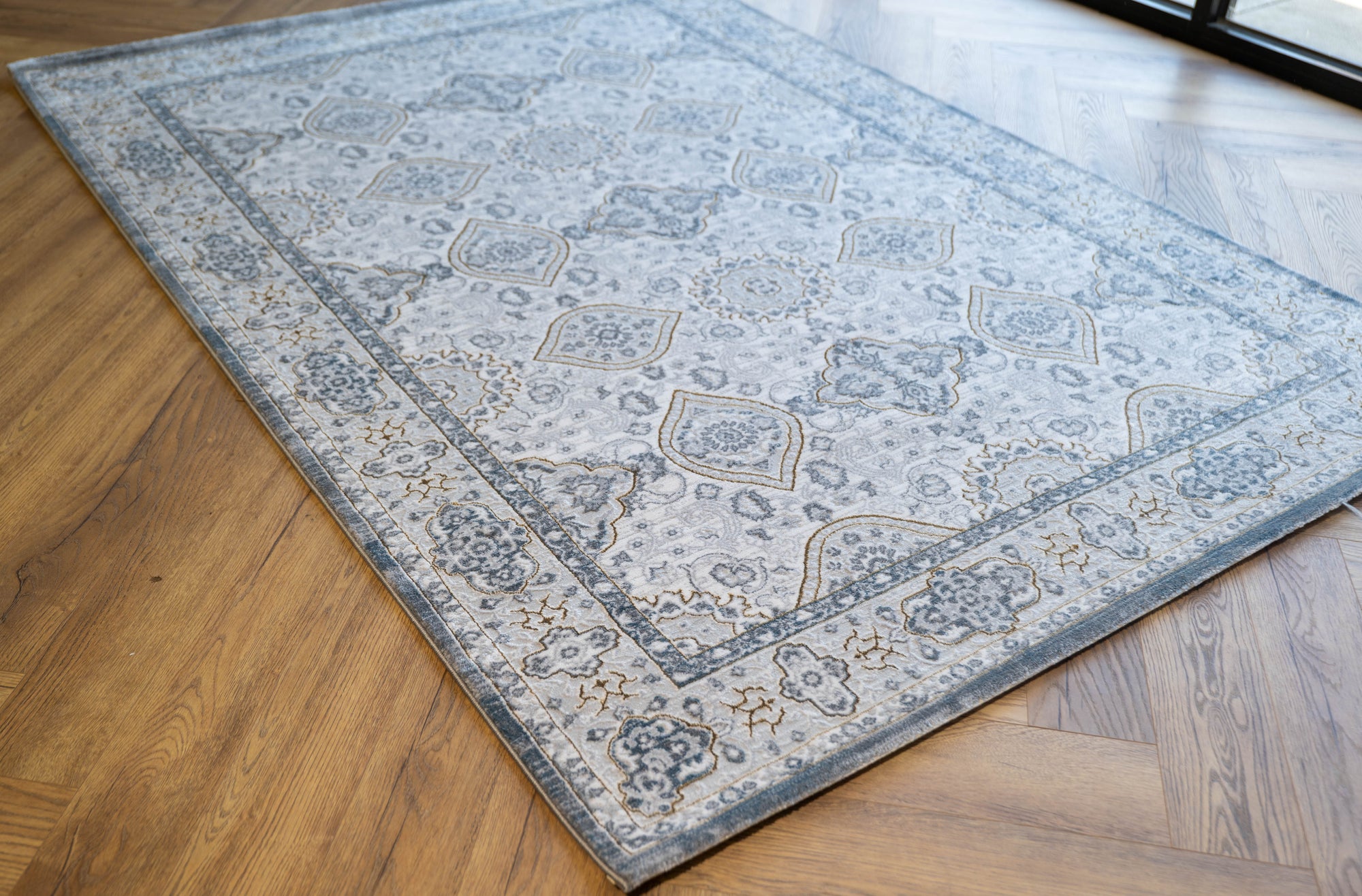 Grey Blue gold Lazer traditional pannel Rug