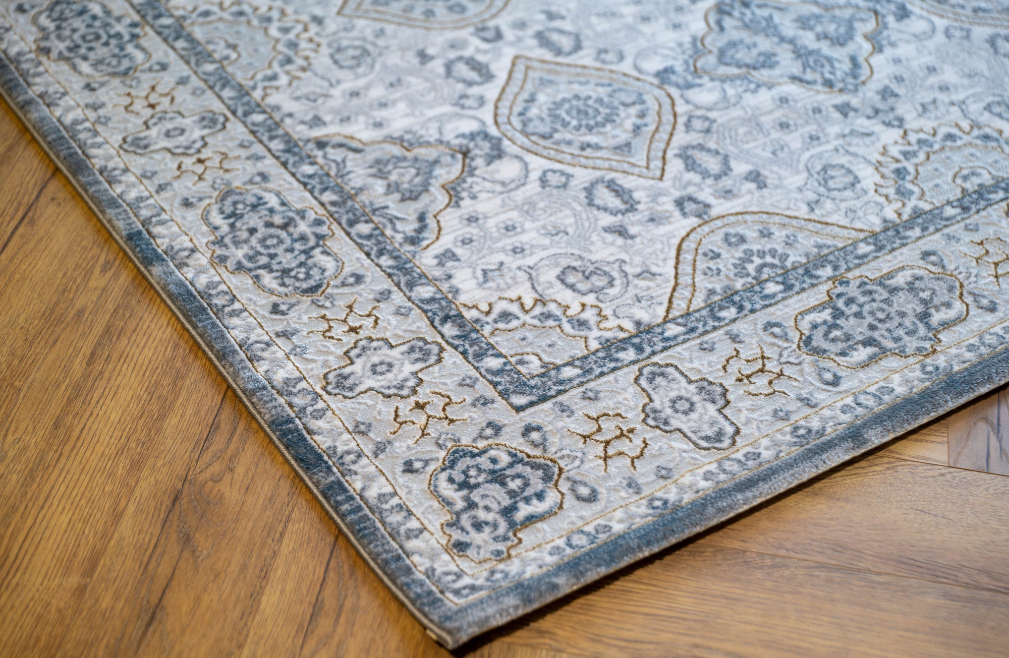 Grey Blue gold Lazer traditional pannel Rug