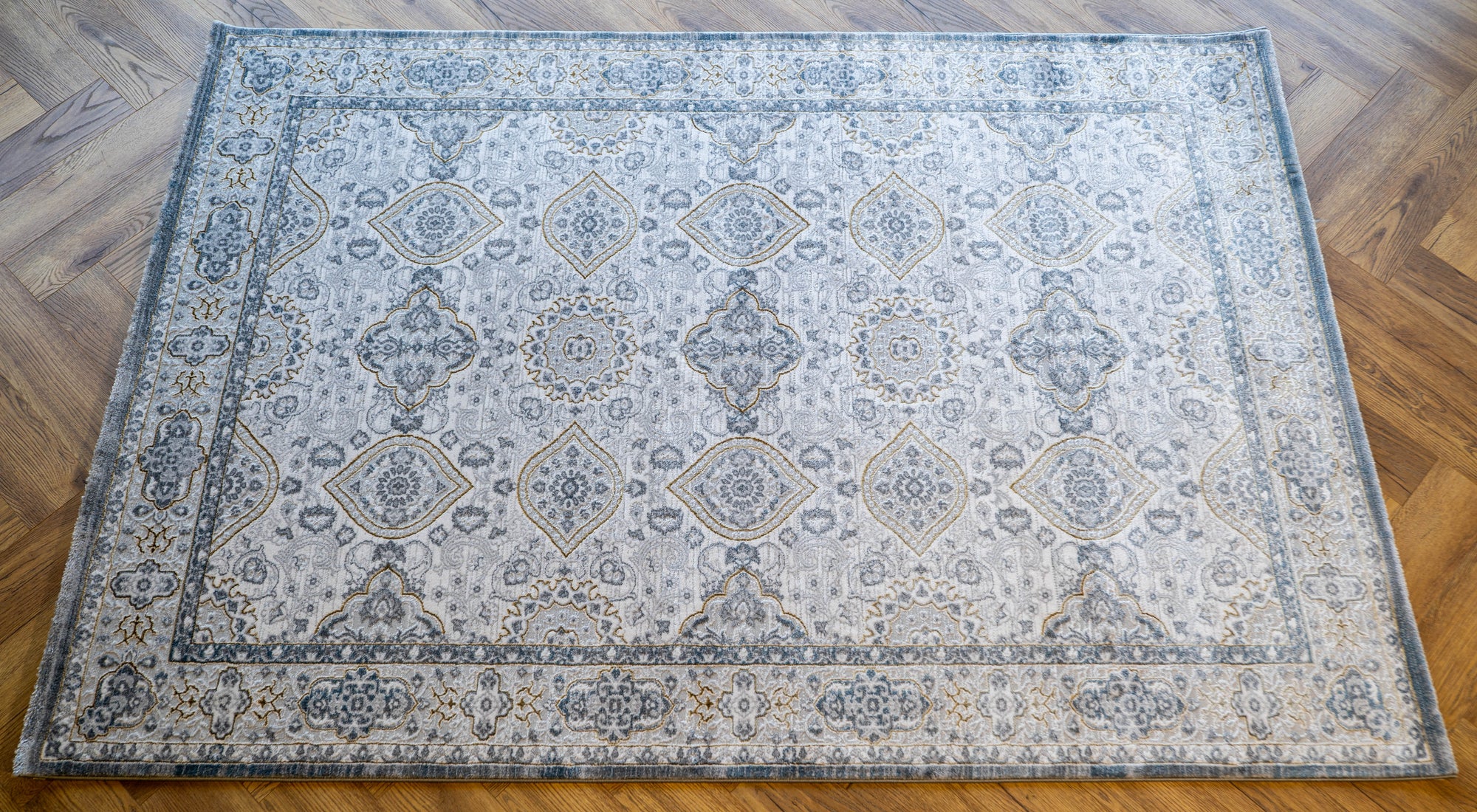 Grey Blue gold Lazer traditional pannel Rug