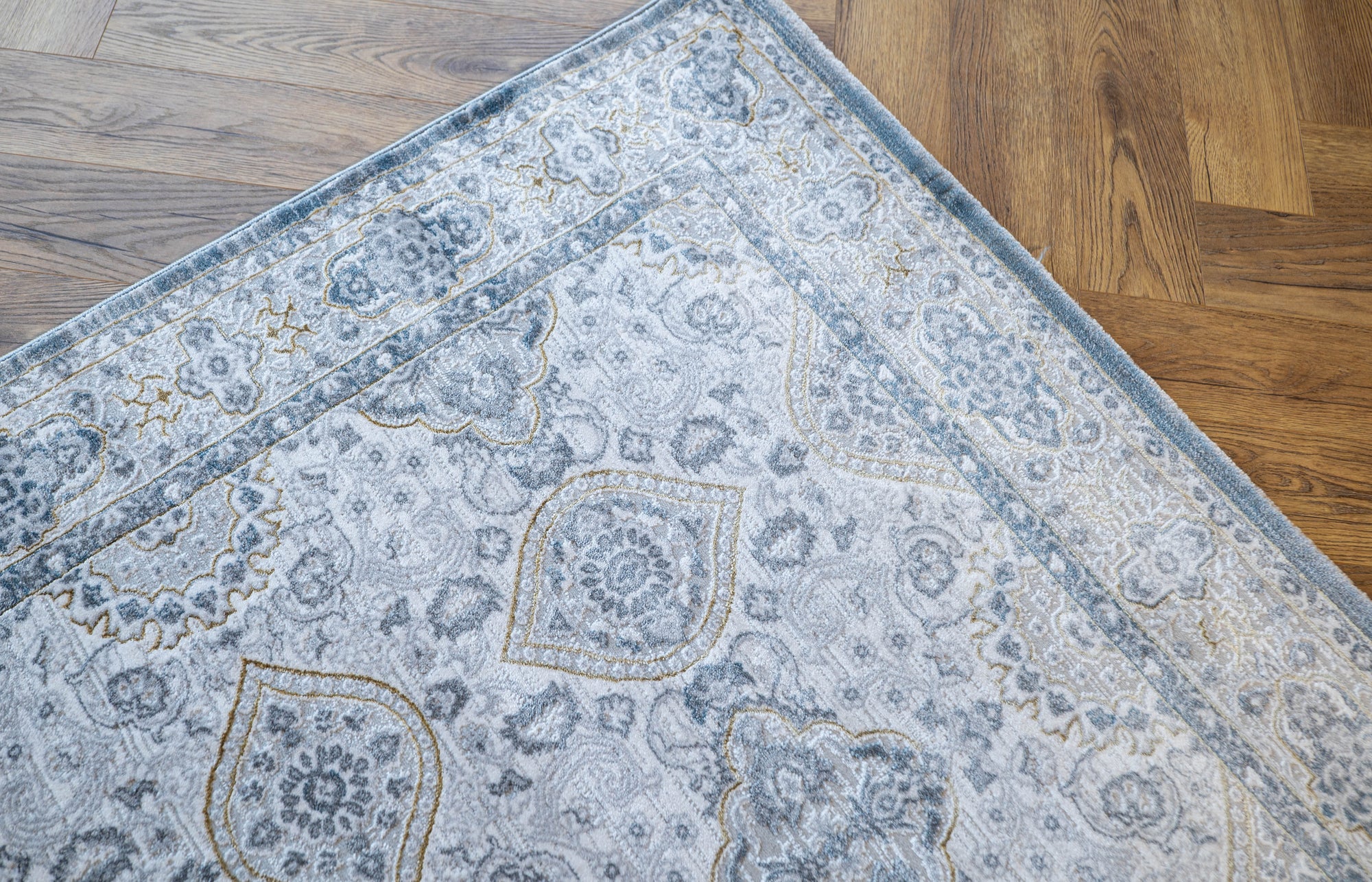 Grey Blue gold Lazer traditional pannel Rug