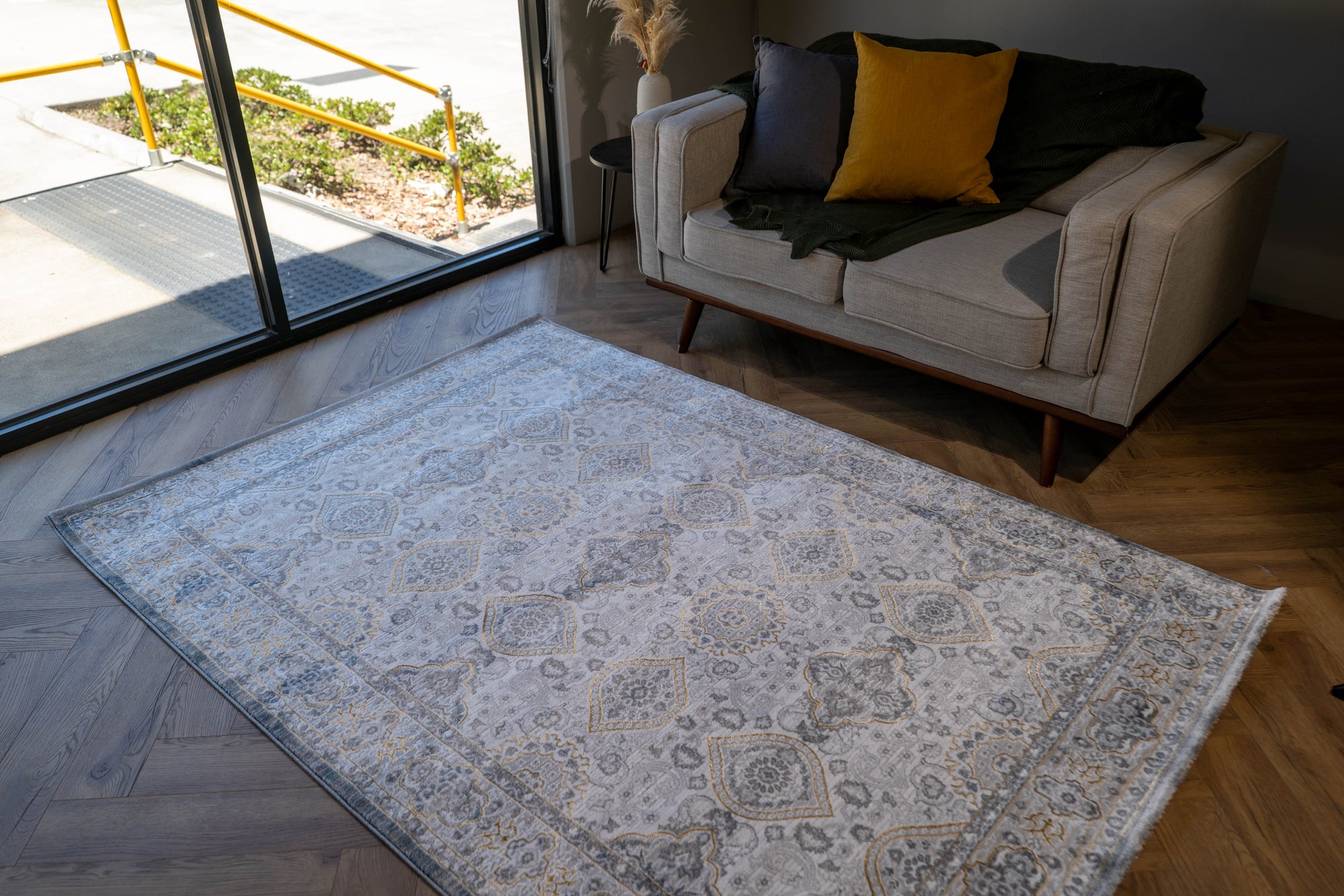 Grey Blue gold Lazer traditional pannel Rug