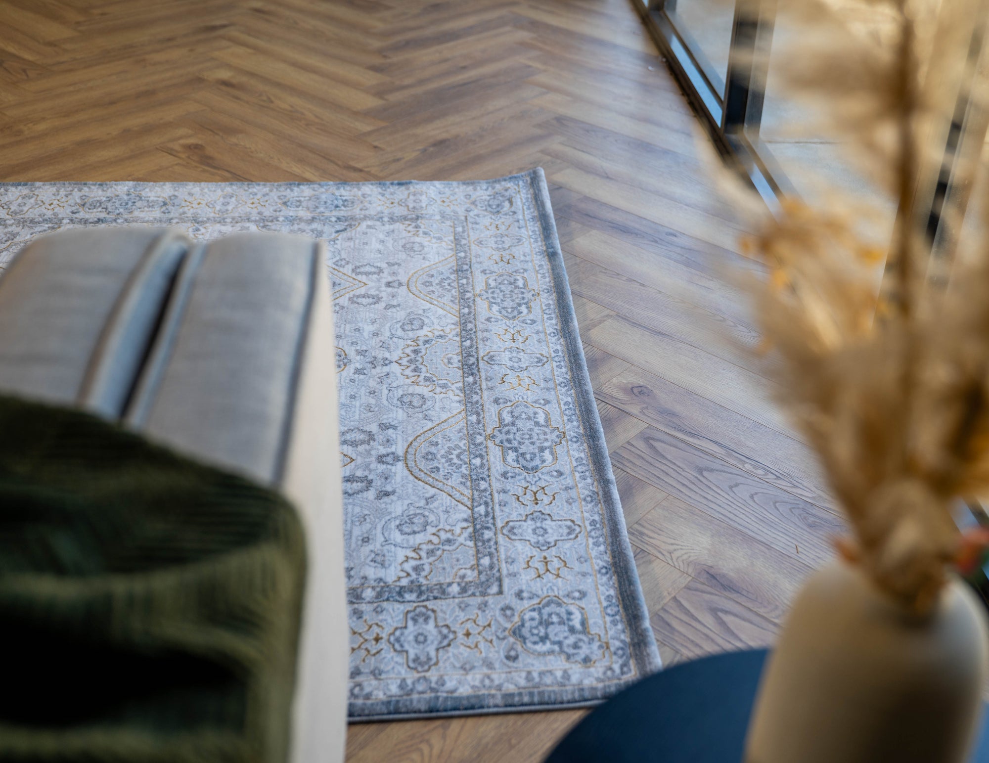 Grey Blue gold Lazer traditional pannel Rug