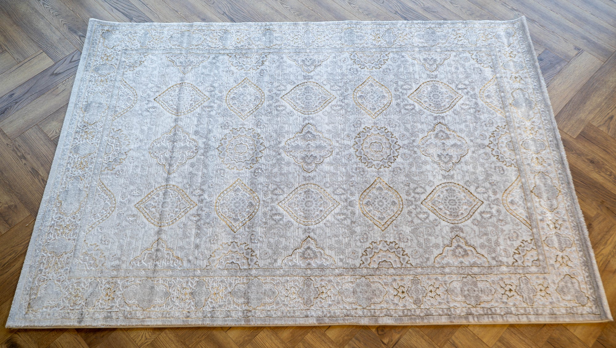 light Grey Ivory gold Lazer traditional pannel Rug