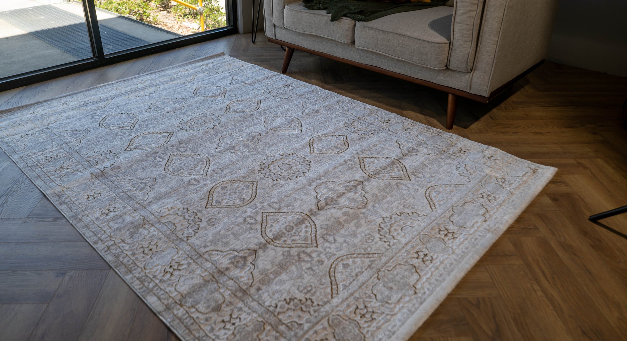 light Grey Ivory gold Lazer traditional pannel Rug