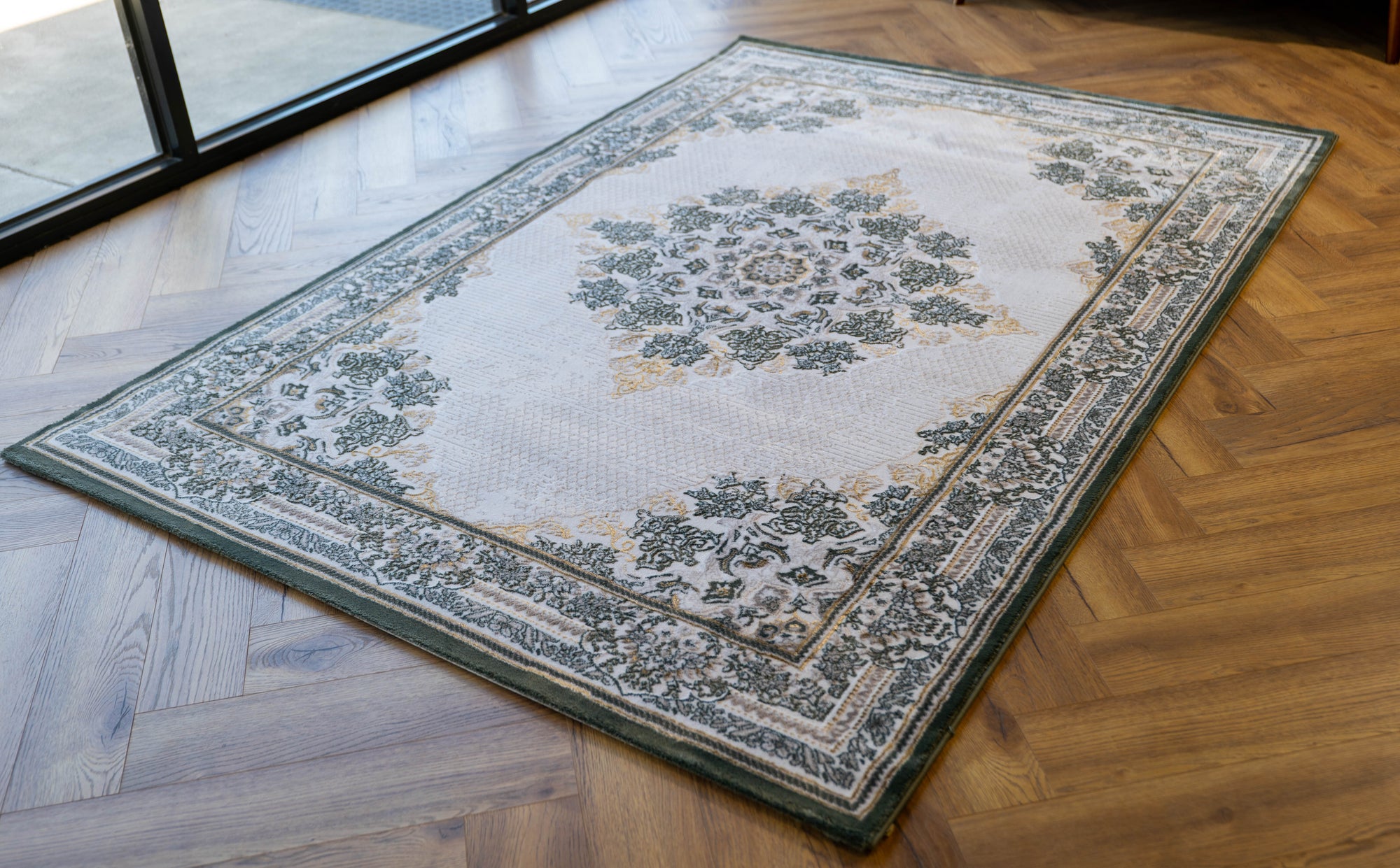 Grey Ivory Green Sharp Lazer Medallion Rug