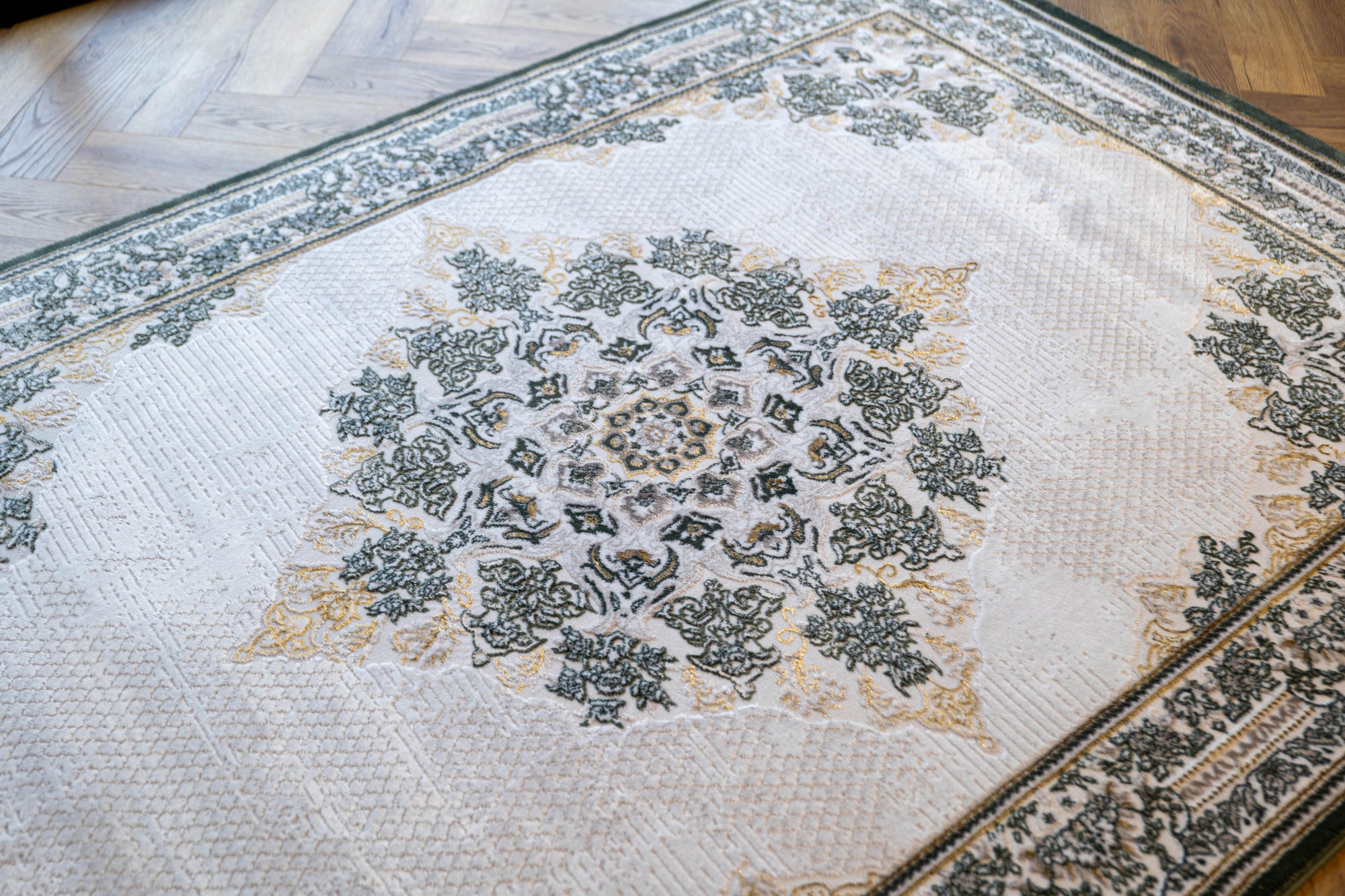 Grey Ivory Green Sharp Lazer Medallion Rug