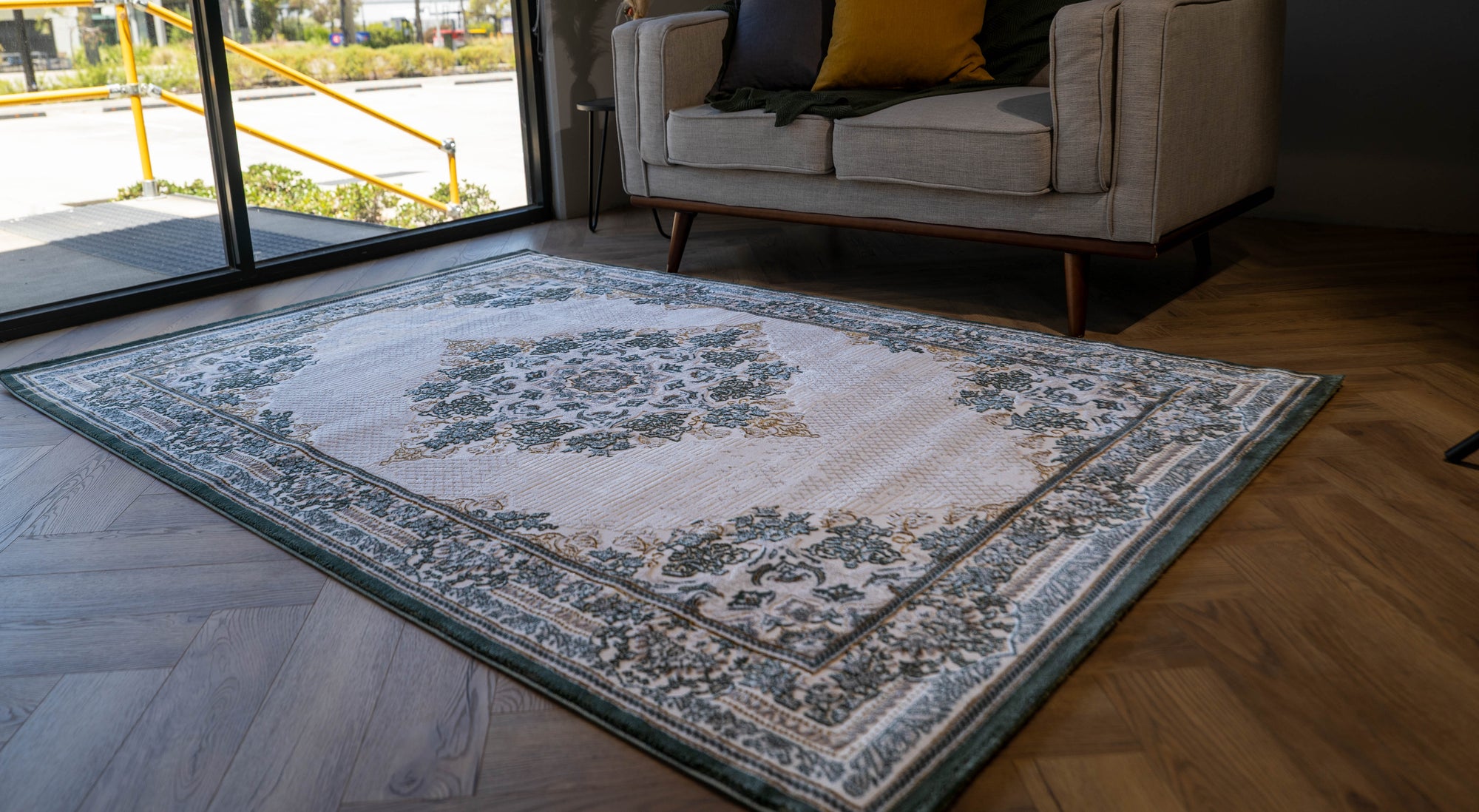 Grey Ivory Green Sharp Lazer Medallion Rug