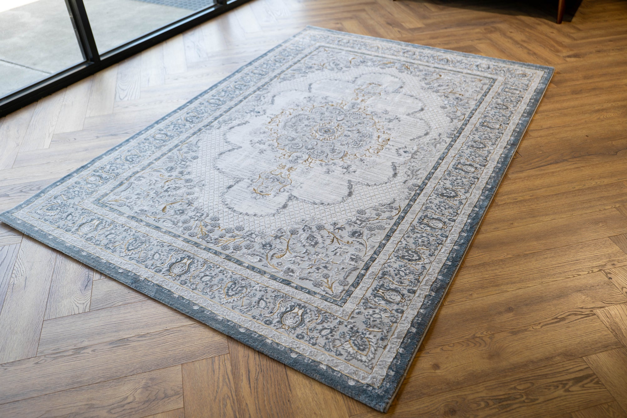 Grey Ivory blue Lazer Medallion Rug
