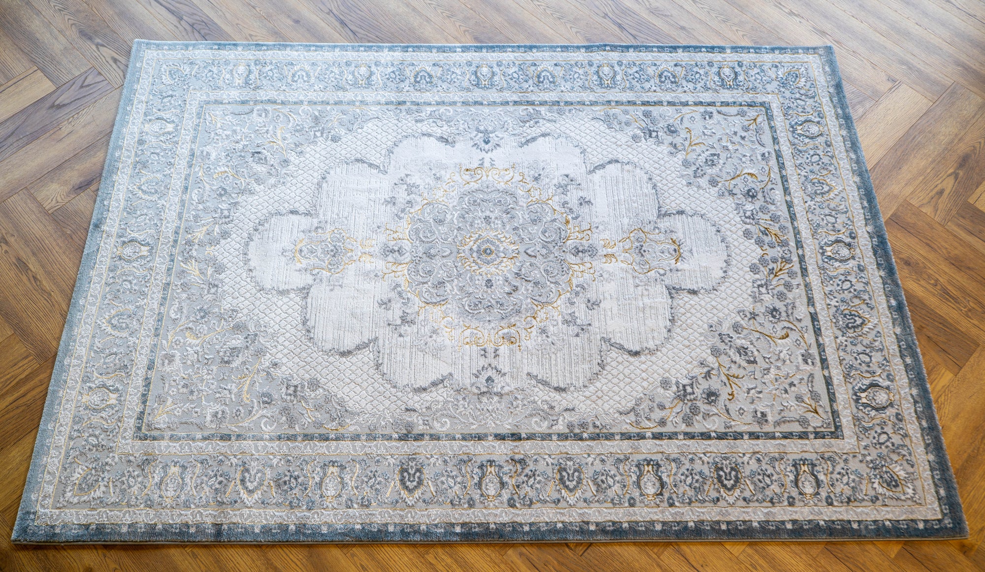 Grey Ivory blue Lazer Medallion Rug