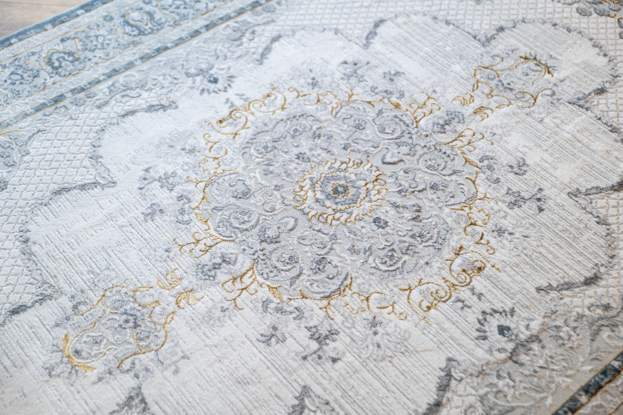Grey Ivory blue Lazer Medallion Rug