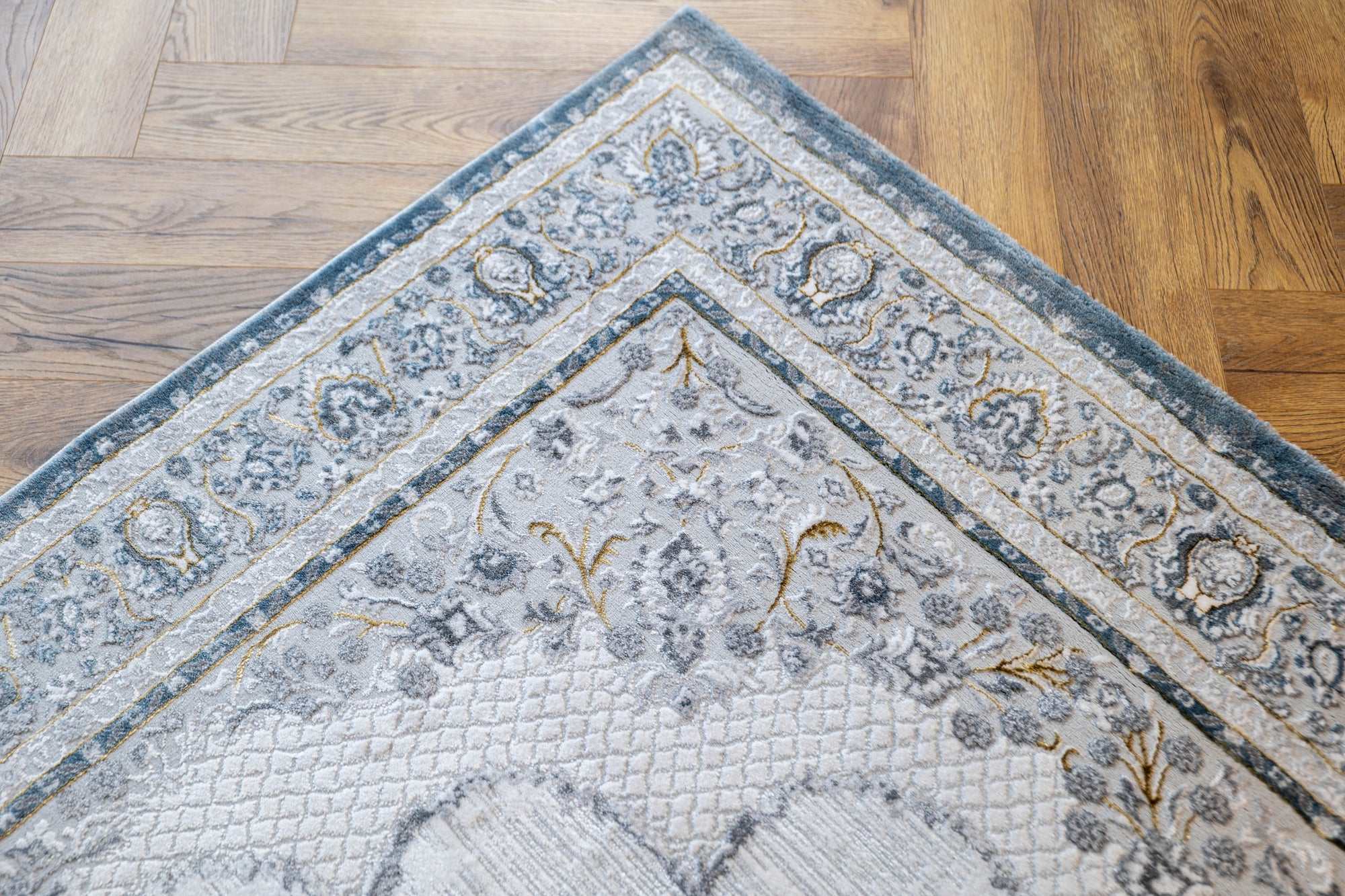 Grey Ivory blue Lazer Medallion Rug