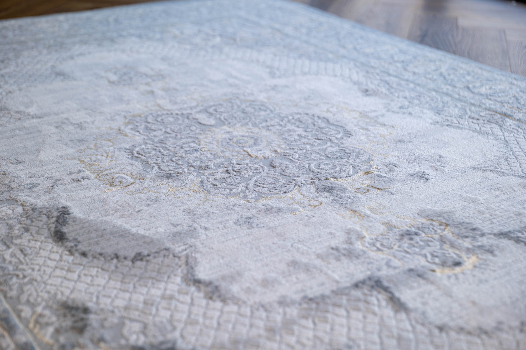 Grey Ivory blue Lazer Medallion Rug