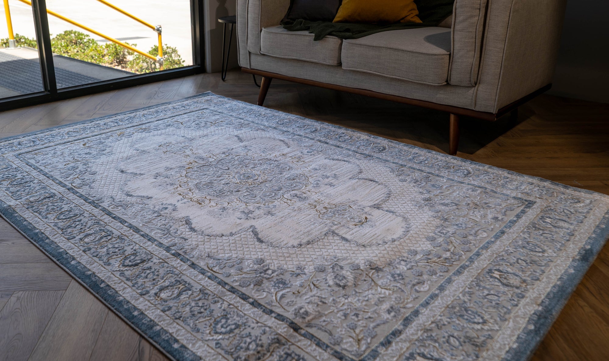 Grey Ivory blue Lazer Medallion Rug
