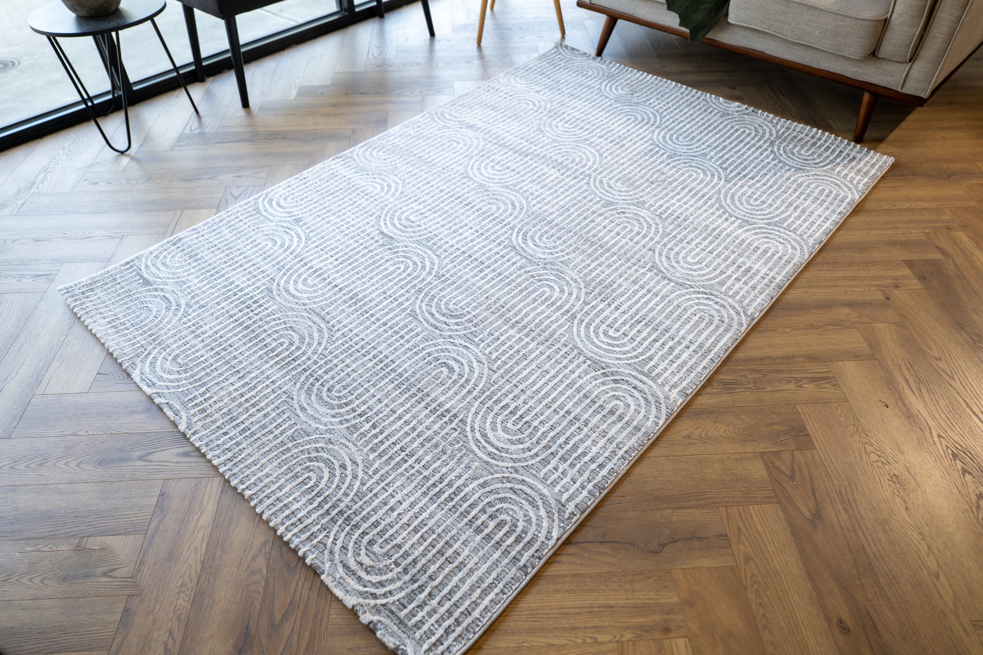 Deluxe modern arched grey beige floor rug