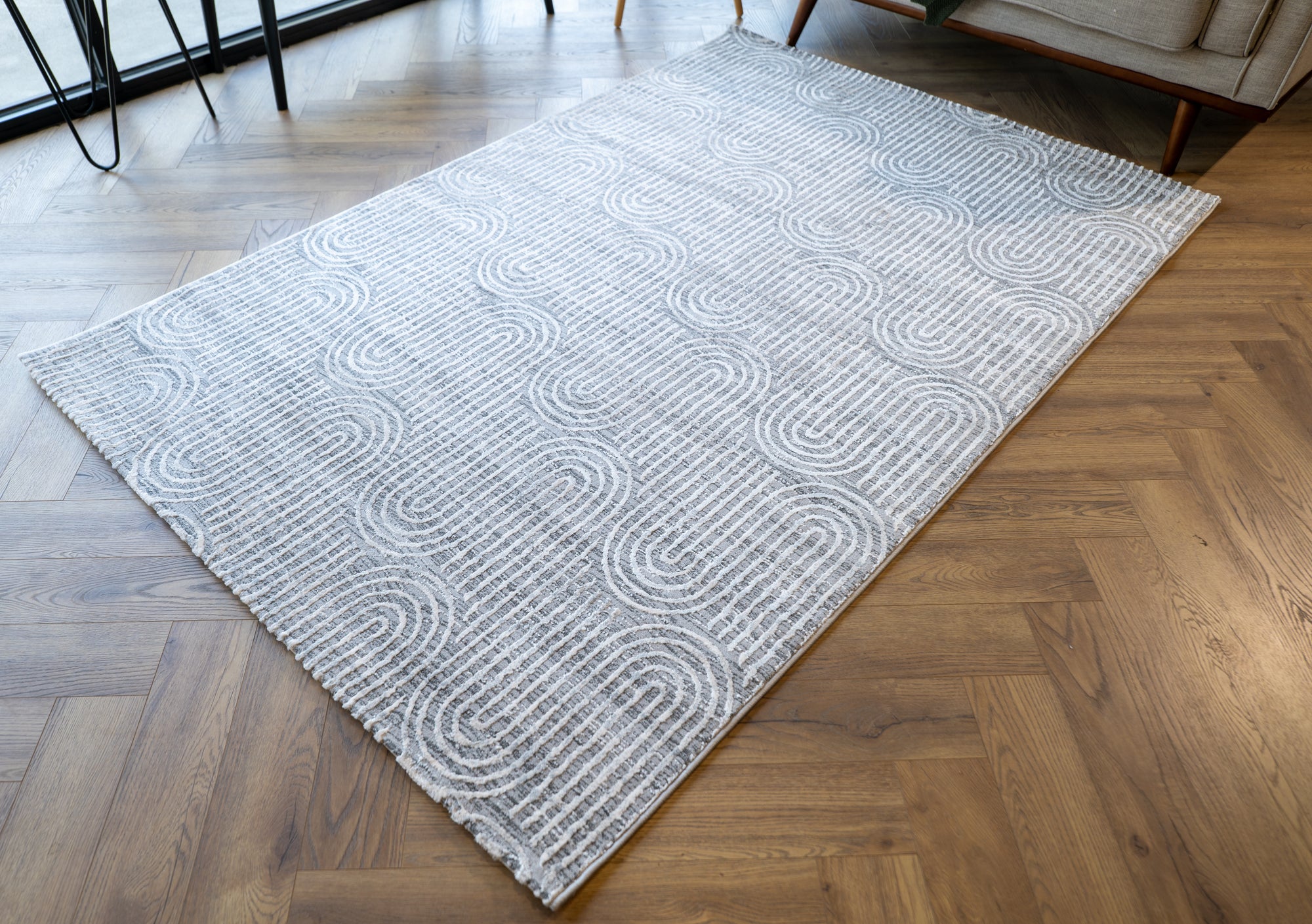 Deluxe modern arched grey beige floor rug