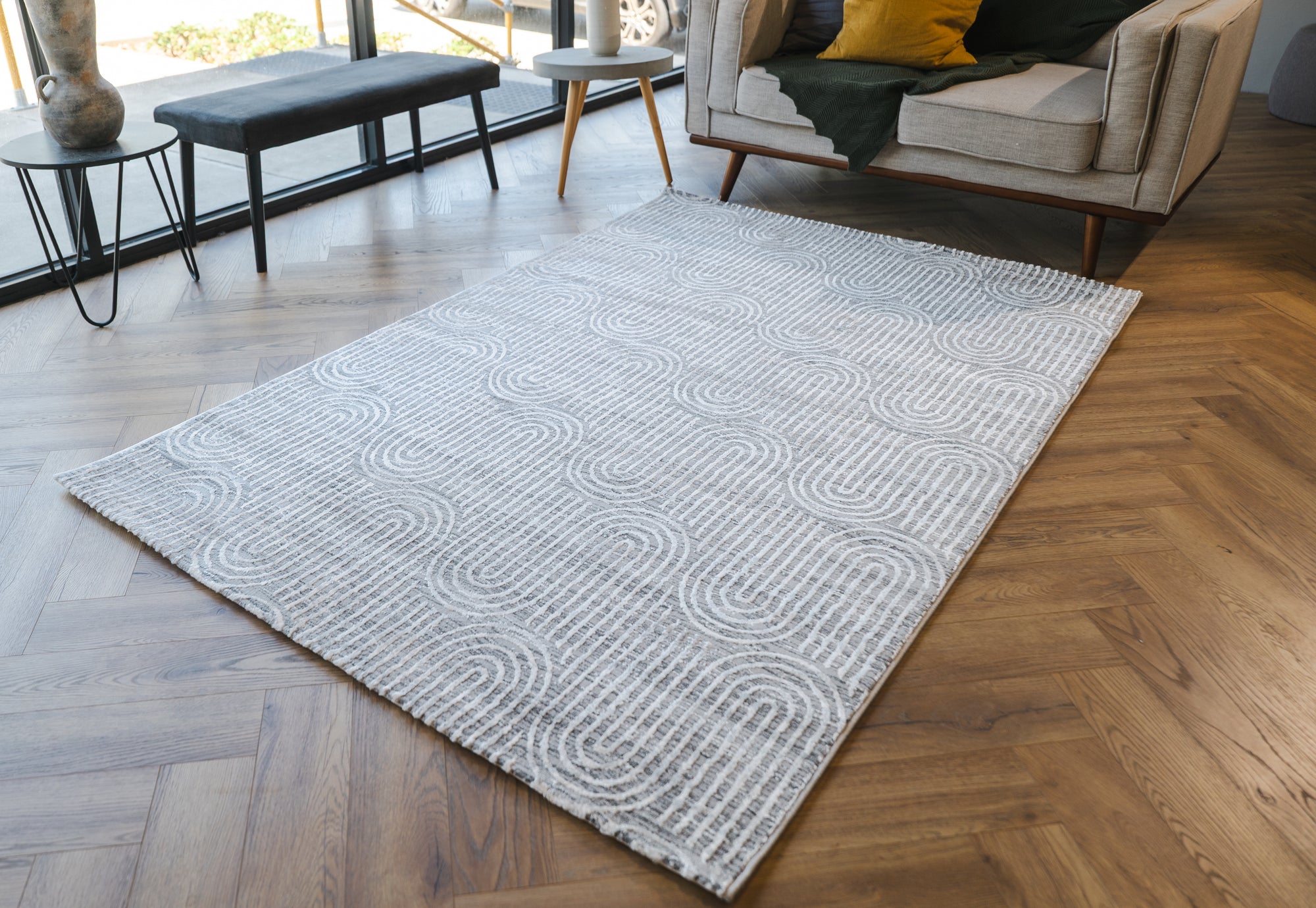 Deluxe modern arched grey beige floor rug