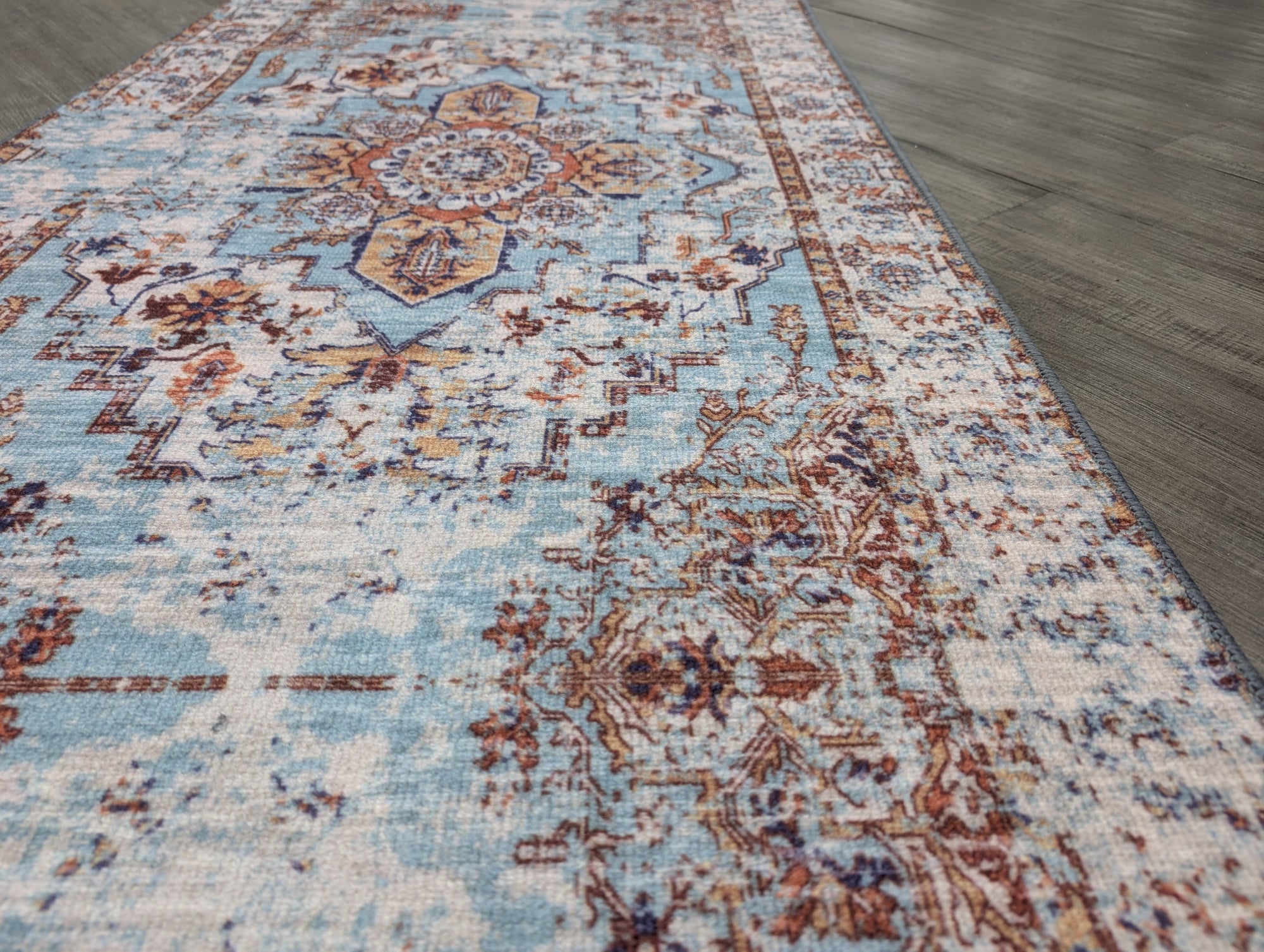 Gabe medallion blue multi transitional hallway runner 80cm Wide