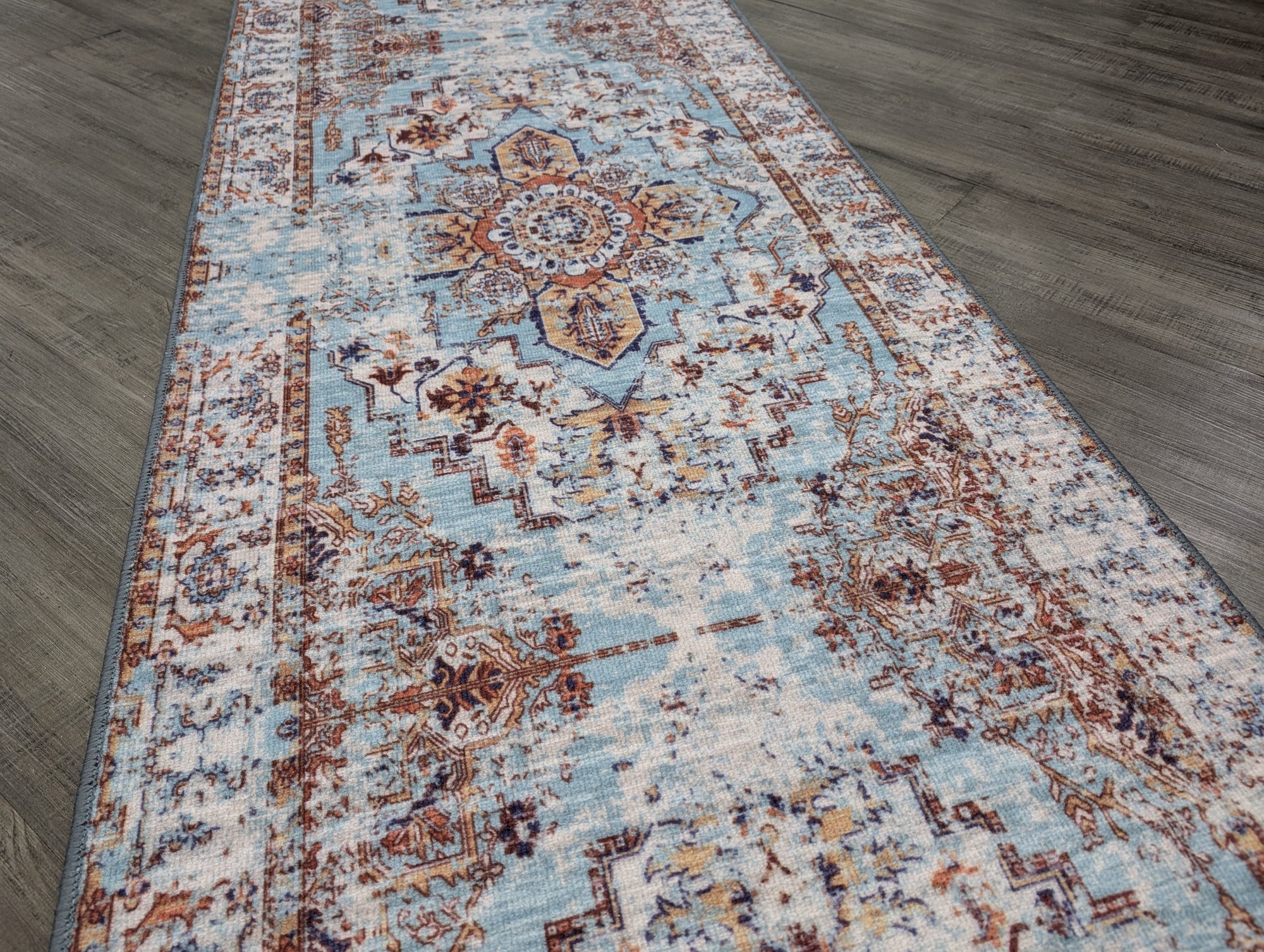 Gabe medallion blue multi transitional hallway runner 80cm Wide