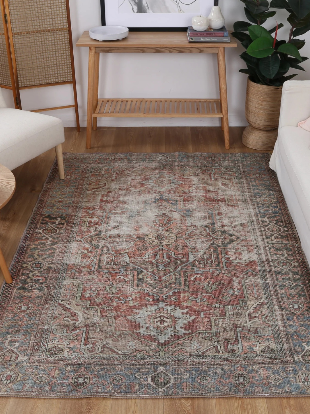 Vivien Red Blue Distressed Medallion Rug