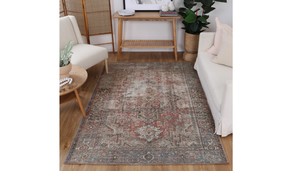 Vivien Red Blue Distressed Medallion Rug