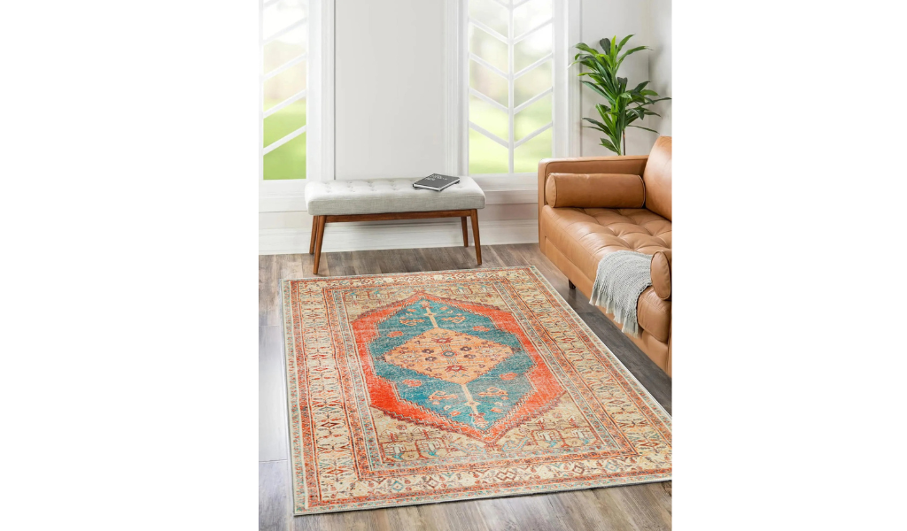 Vivien Blue Orange Medallion Bordered Rug