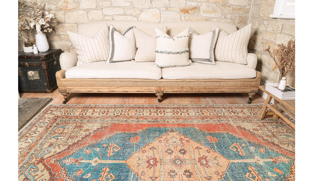 Vivien Blue Orange Medallion Bordered Rug