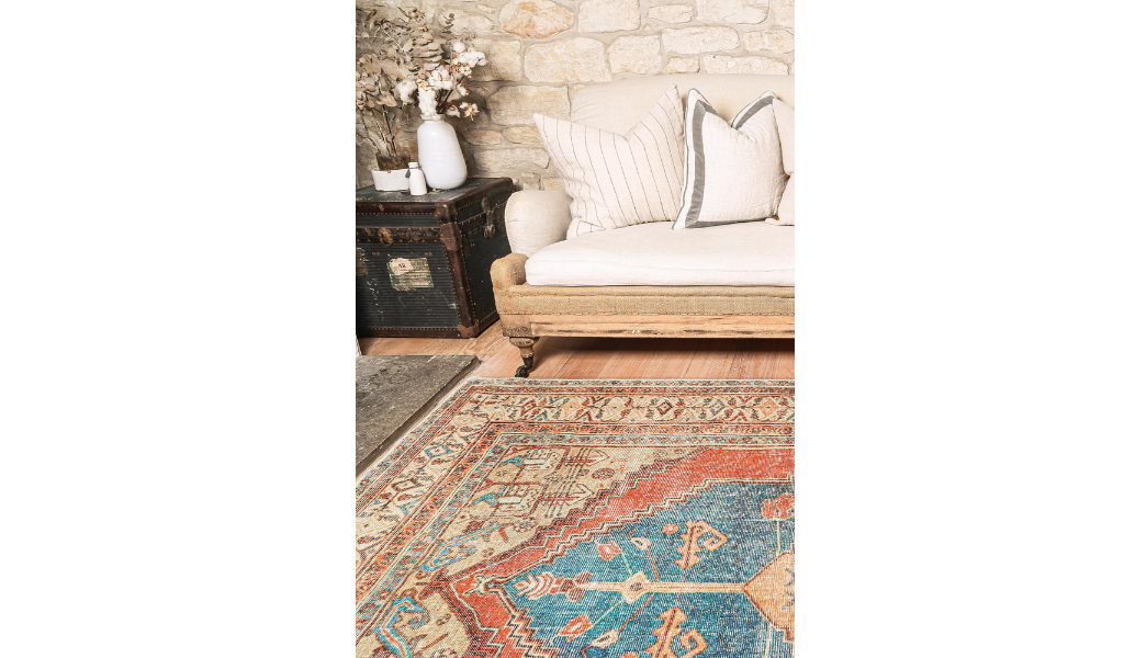 Vivien Blue Orange Medallion Bordered Rug